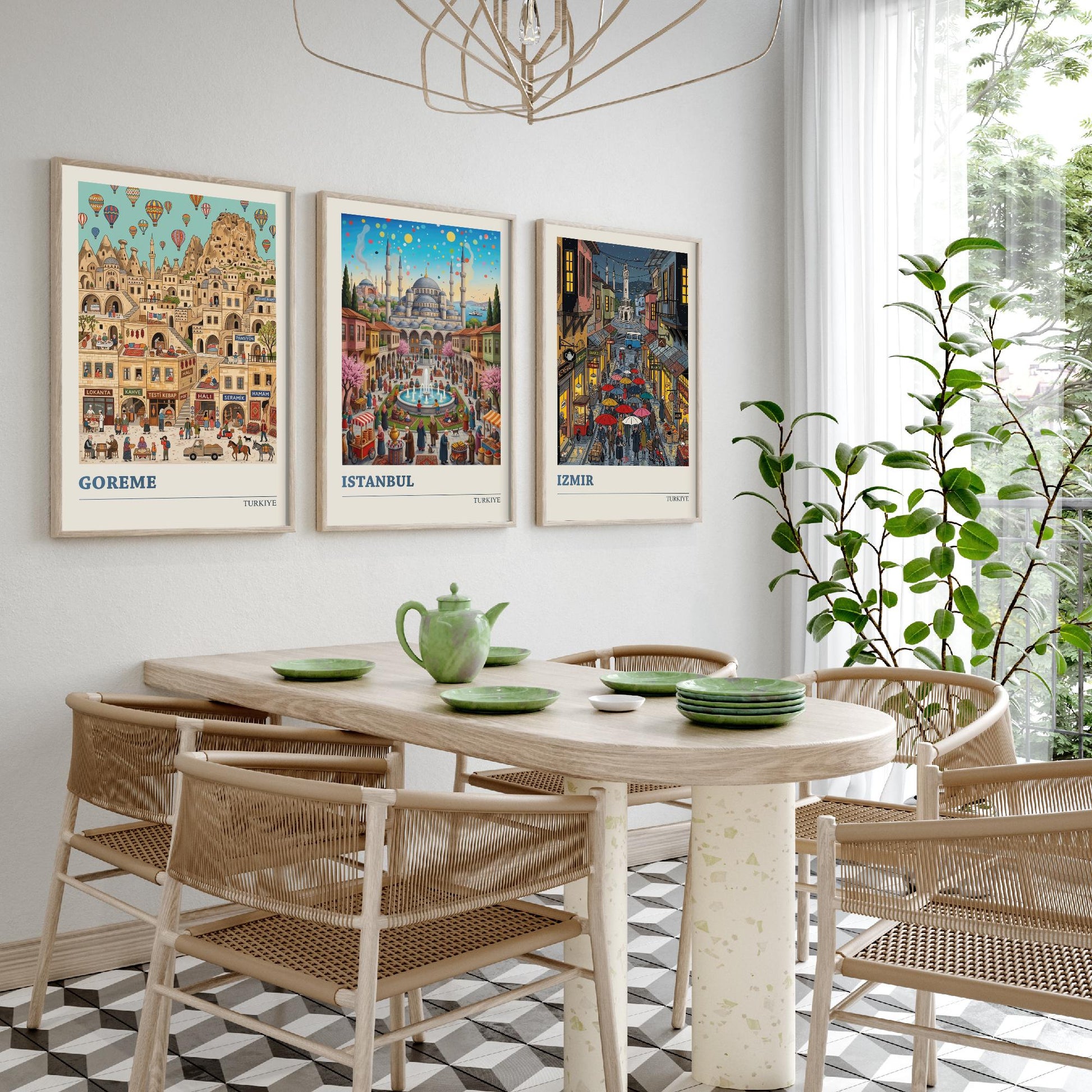 Turkiye Set of Three Art Prints - Goreme, Istanbul, Izmir - 3 Colourful Folk Illustration Travel Posters - Turkish Cities Painting