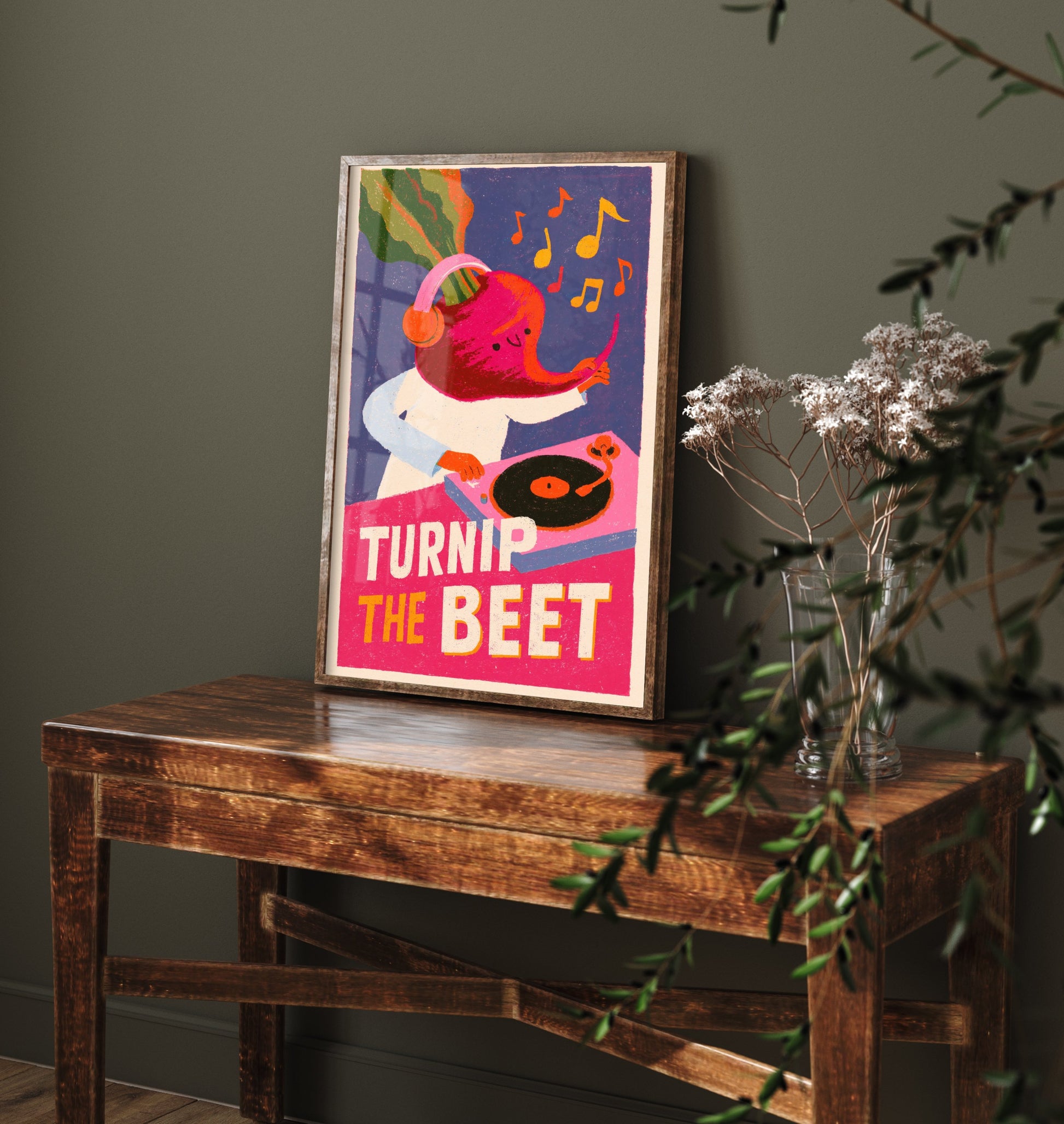 Turnip the Beet Art Print - Beet DJ Turntable Poster - Retro Vinyl Music Pun Illustration V1