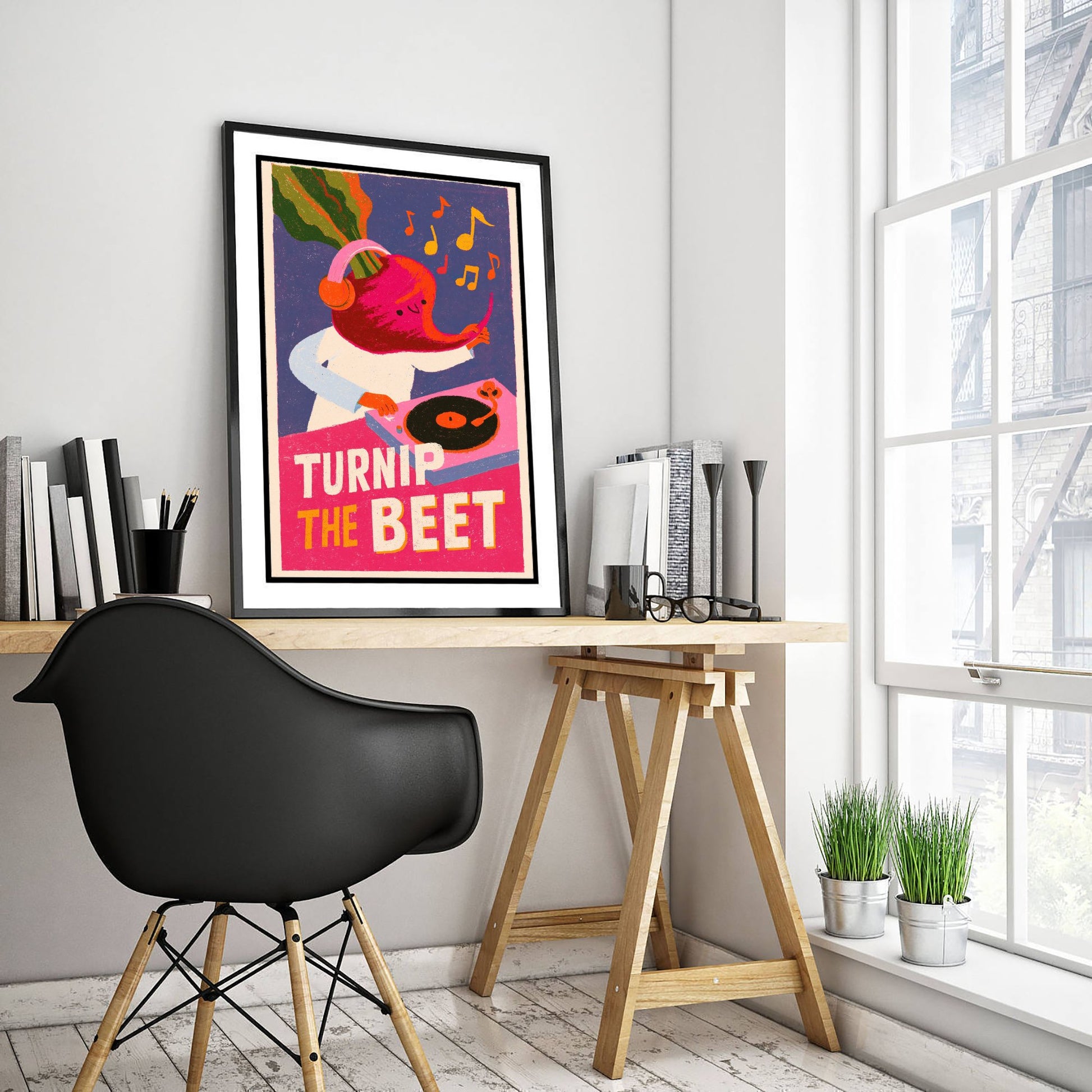 Turnip the Beet Art Print - Beet DJ Turntable Poster - Retro Vinyl Music Pun Illustration V1