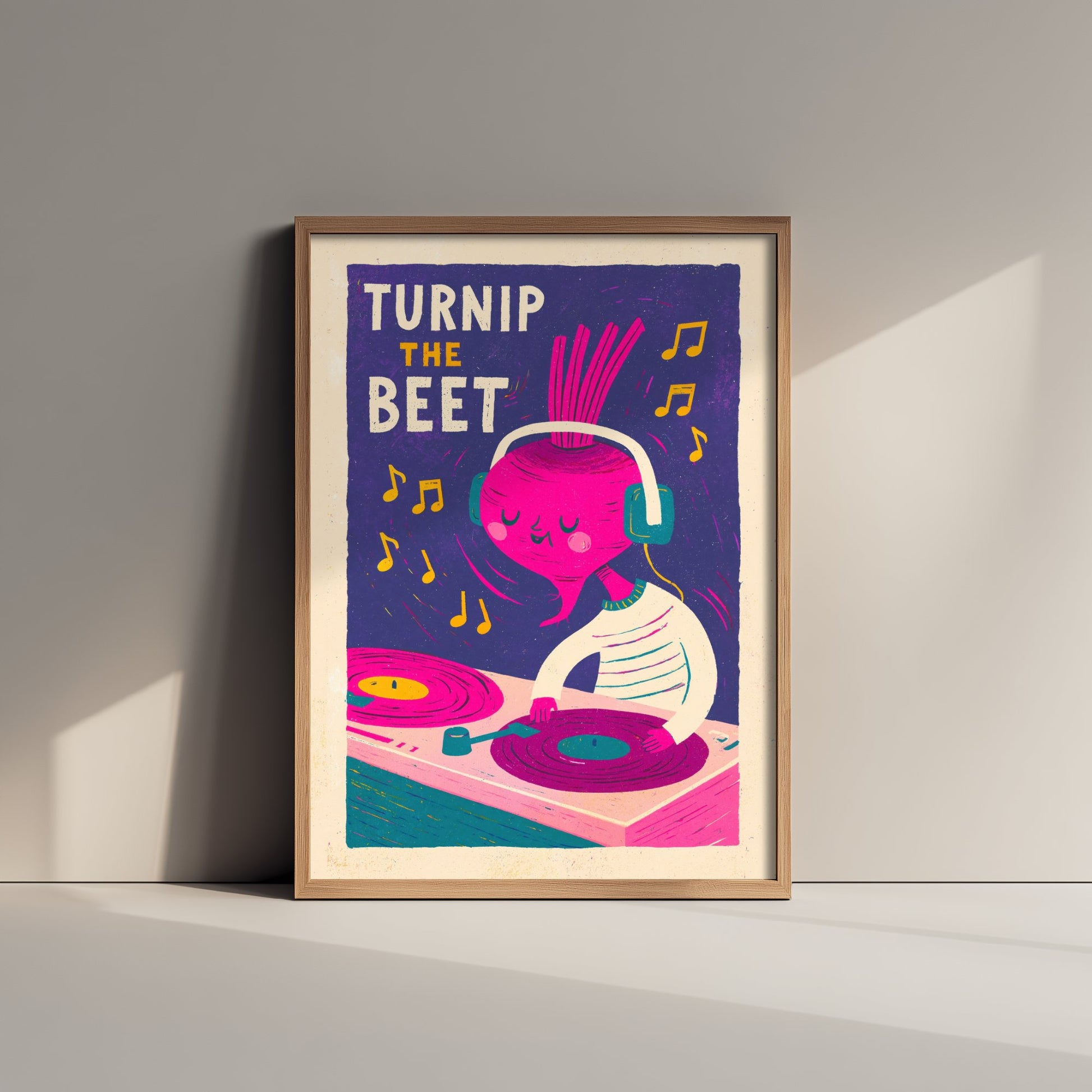 Turnip the Beet Art Print - Beetroot in Headphones Poster - Vinyl Record Deck Pun Illustration V2