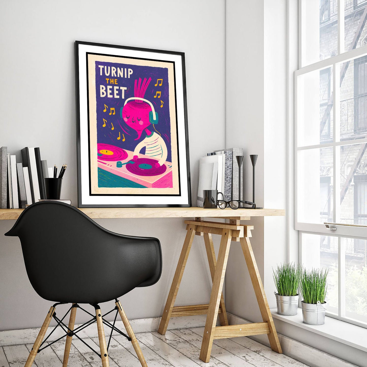 Turnip the Beet Art Print - Beetroot in Headphones Poster - Vinyl Record Deck Pun Illustration V2