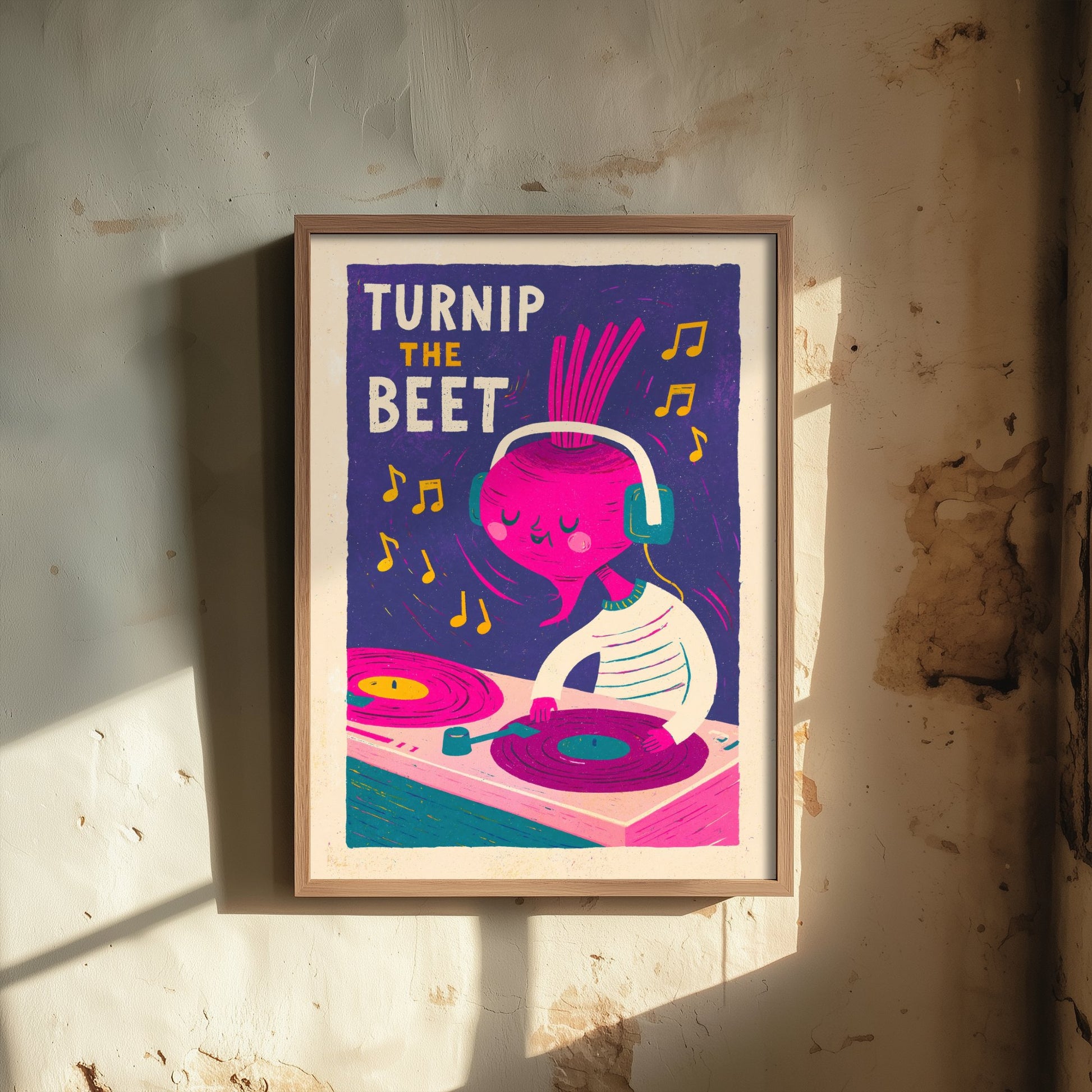 Turnip the Beet Art Print - Beetroot in Headphones Poster - Vinyl Record Deck Pun Illustration V2