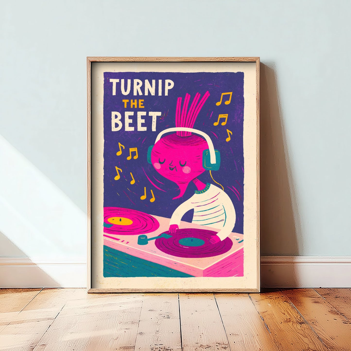 Turnip the Beet Art Print - Beetroot in Headphones Poster - Vinyl Record Deck Pun Illustration V2