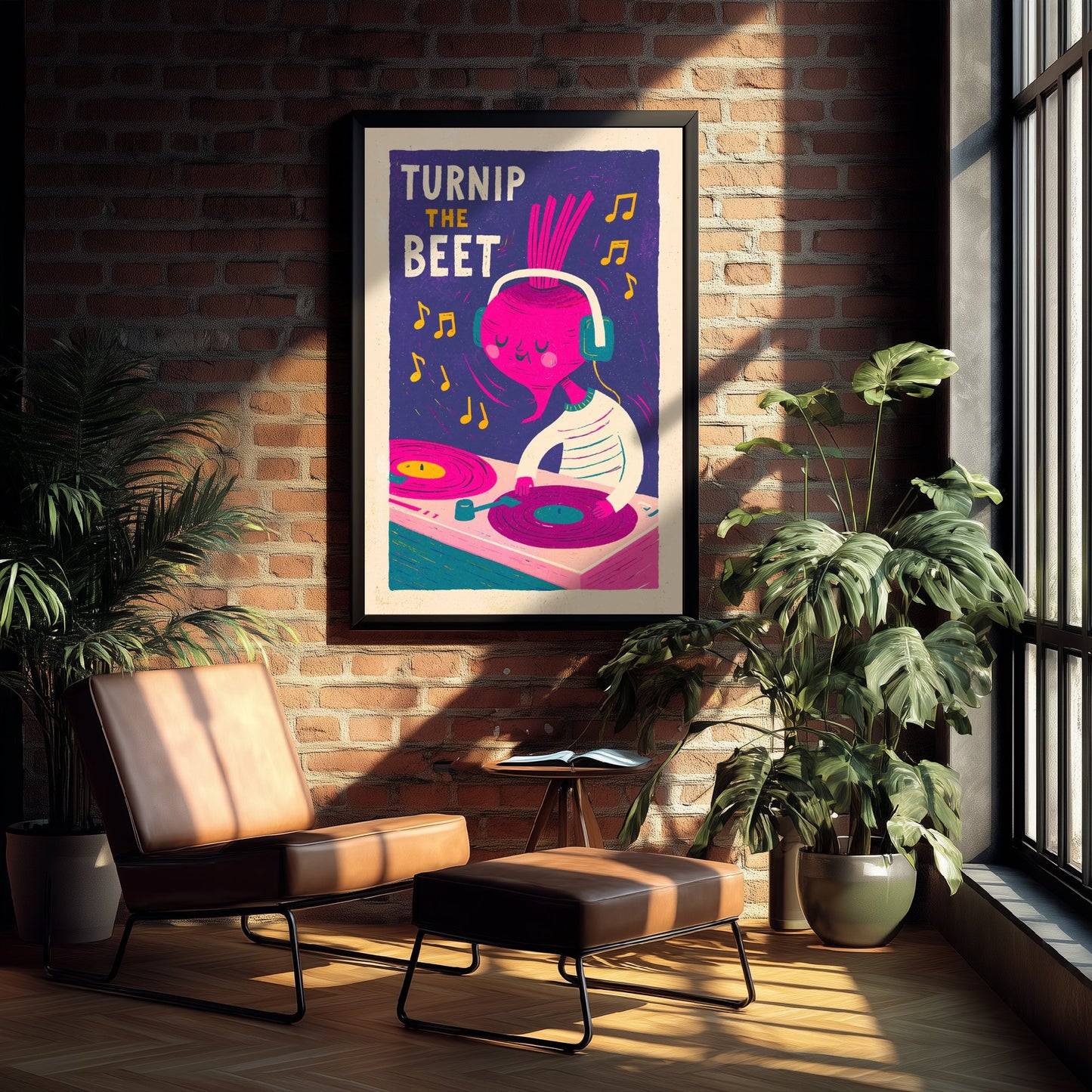 Turnip the Beet Art Print - Beetroot in Headphones Poster - Vinyl Record Deck Pun Illustration V2