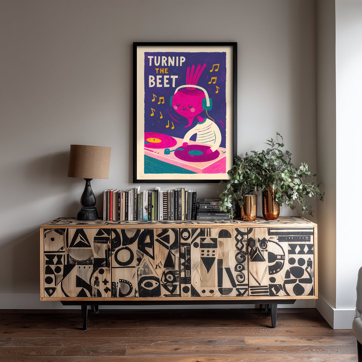 Turnip the Beet Art Print - Beetroot in Headphones Poster - Vinyl Record Deck Pun Illustration V2