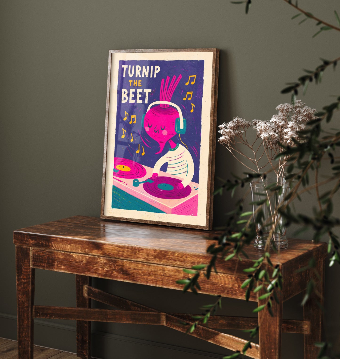 Turnip the Beet Art Print - Beetroot in Headphones Poster - Vinyl Record Deck Pun Illustration V2