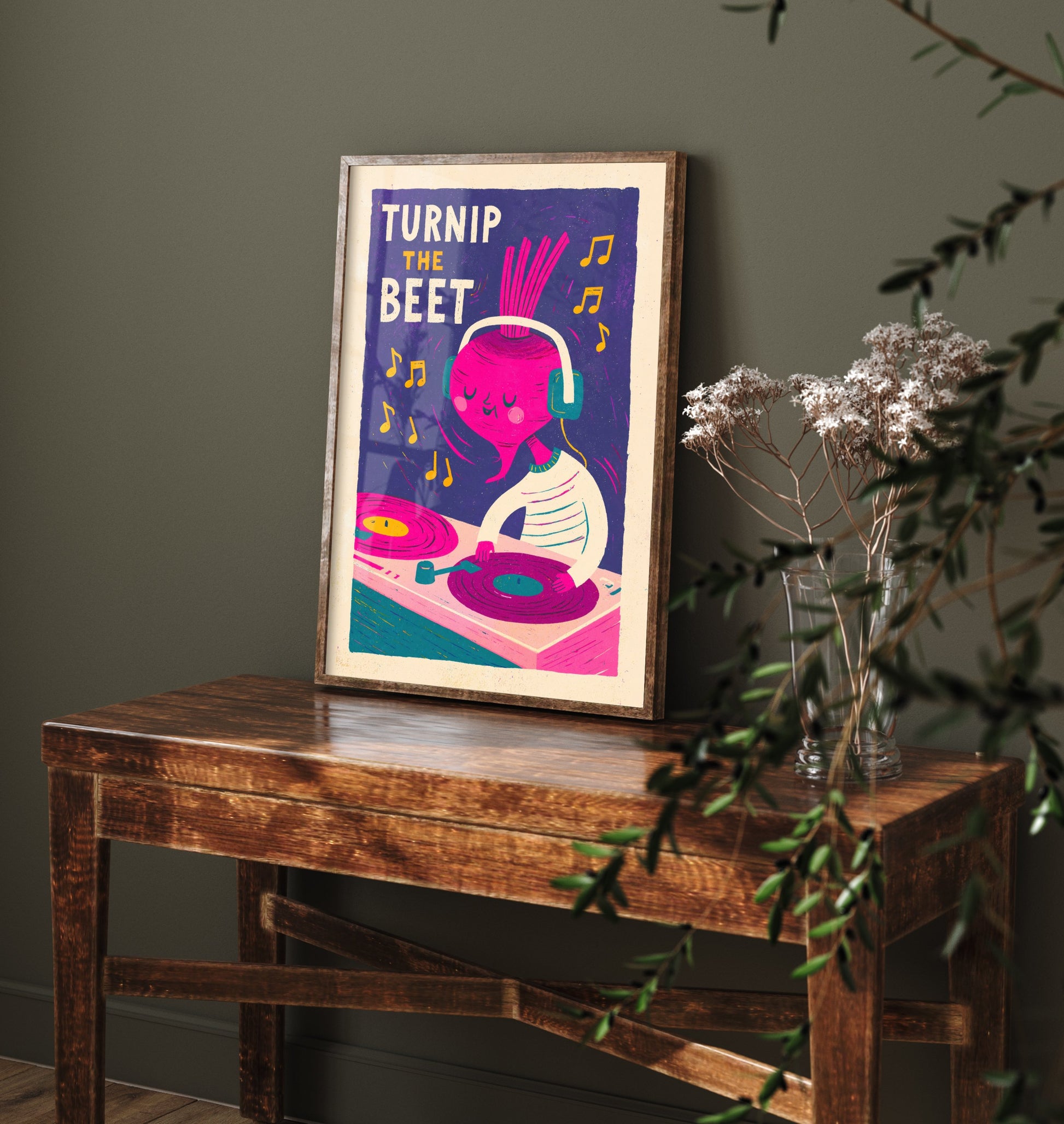 Turnip the Beet Art Print - Beetroot in Headphones Poster - Vinyl Record Deck Pun Illustration V2
