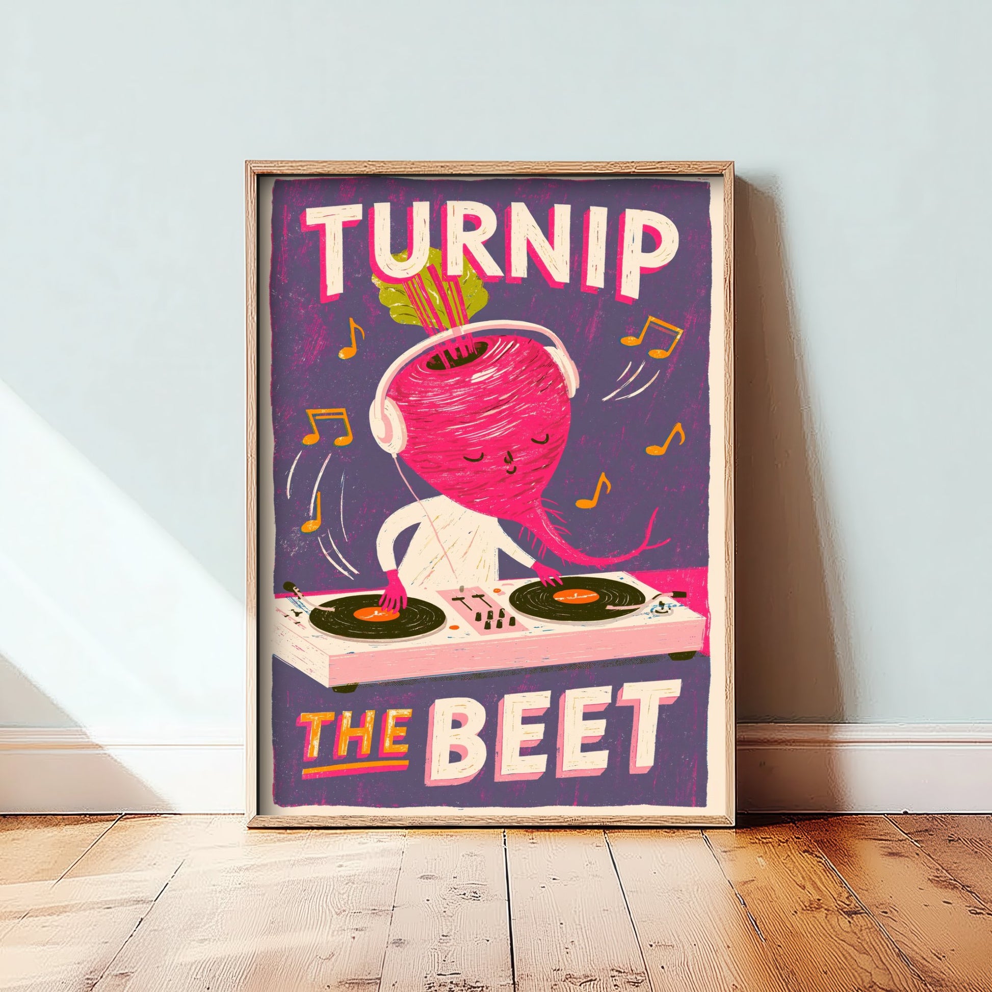 Turnip the Beet Art Print - Beet DJ Mixing Decks Poster - Screen Print Style Music Pun Illustration V3