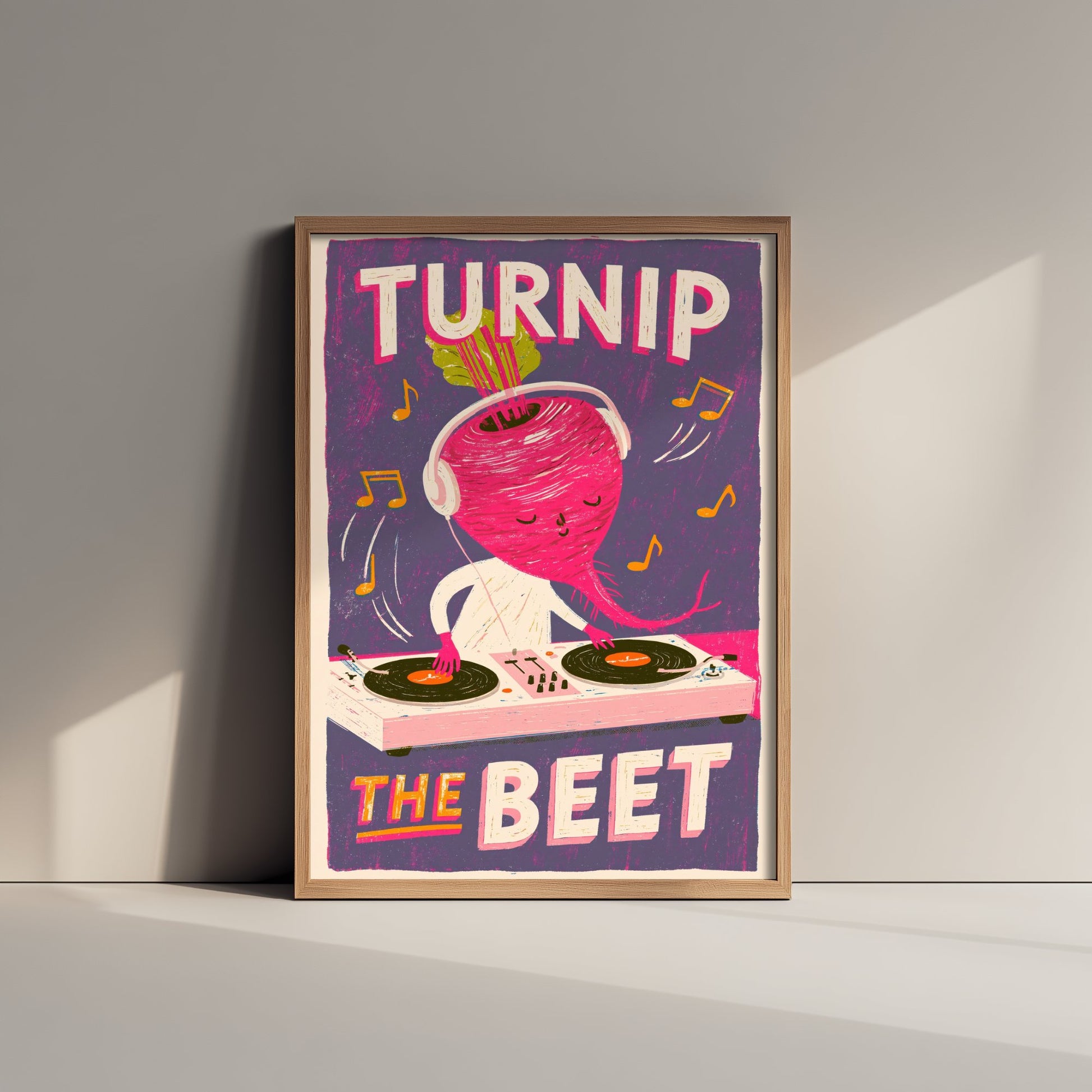 Turnip the Beet Art Print - Beet DJ Mixing Decks Poster - Screen Print Style Music Pun Illustration V3
