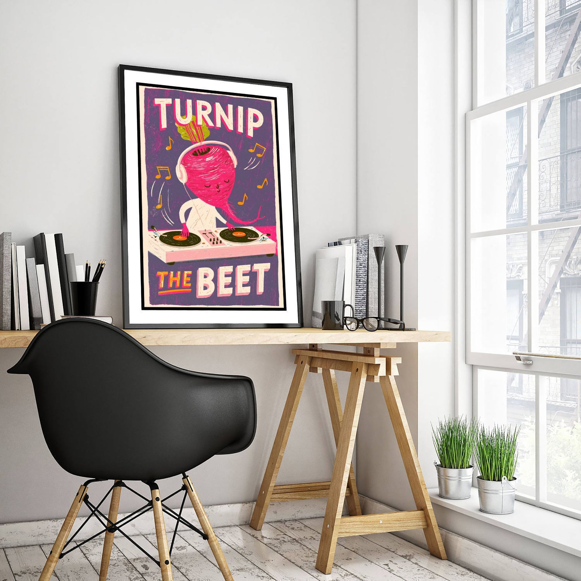 Turnip the Beet Art Print - Beet DJ Mixing Decks Poster - Screen Print Style Music Pun Illustration V3