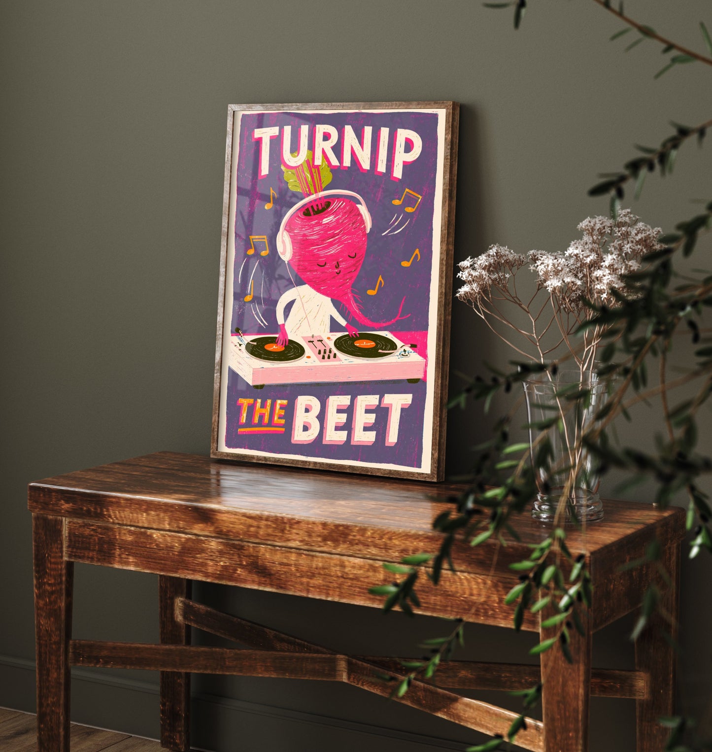 Turnip the Beet Art Print - Beet DJ Mixing Decks Poster - Screen Print Style Music Pun Illustration V3