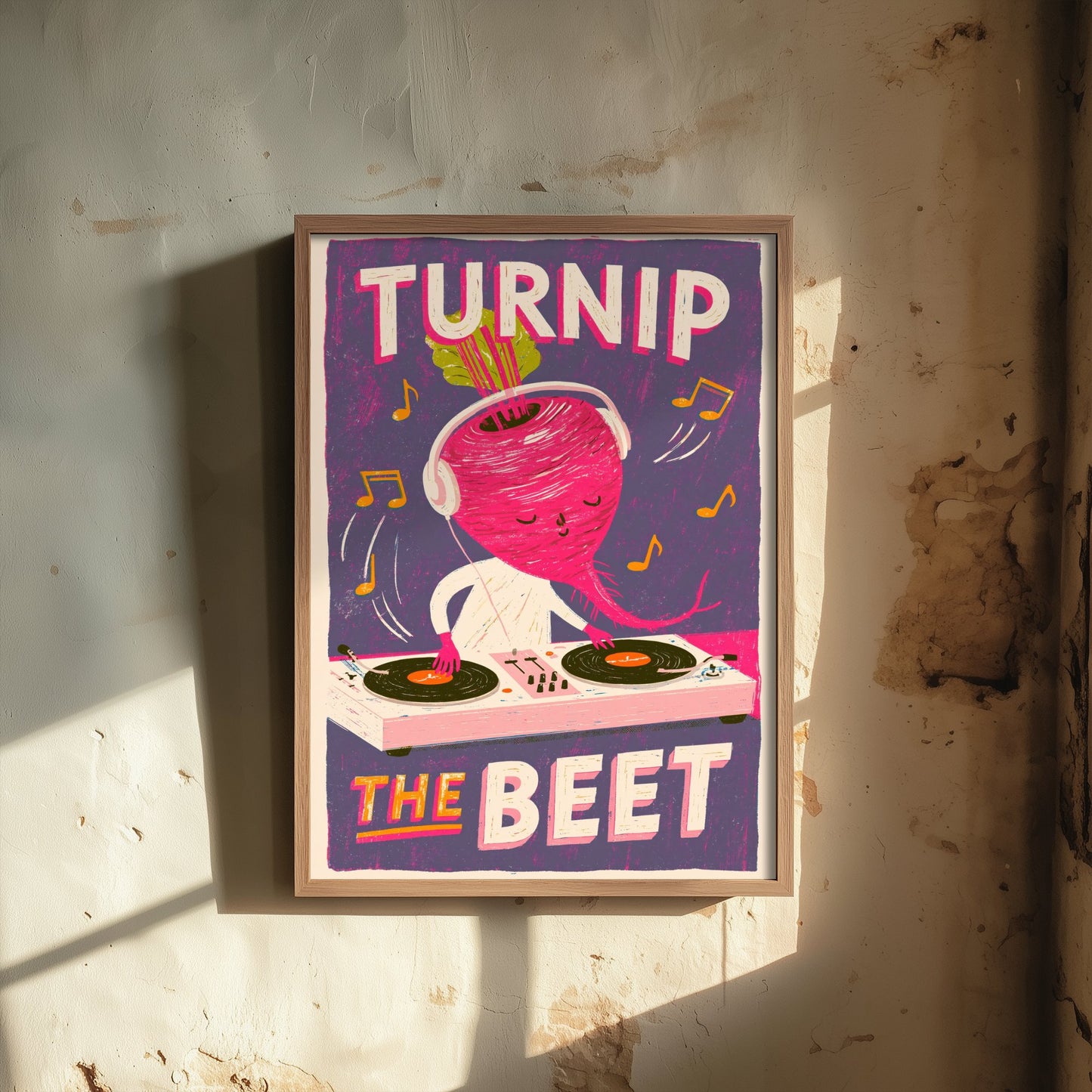 Turnip the Beet Art Print - Beet DJ Mixing Decks Poster - Screen Print Style Music Pun Illustration V3