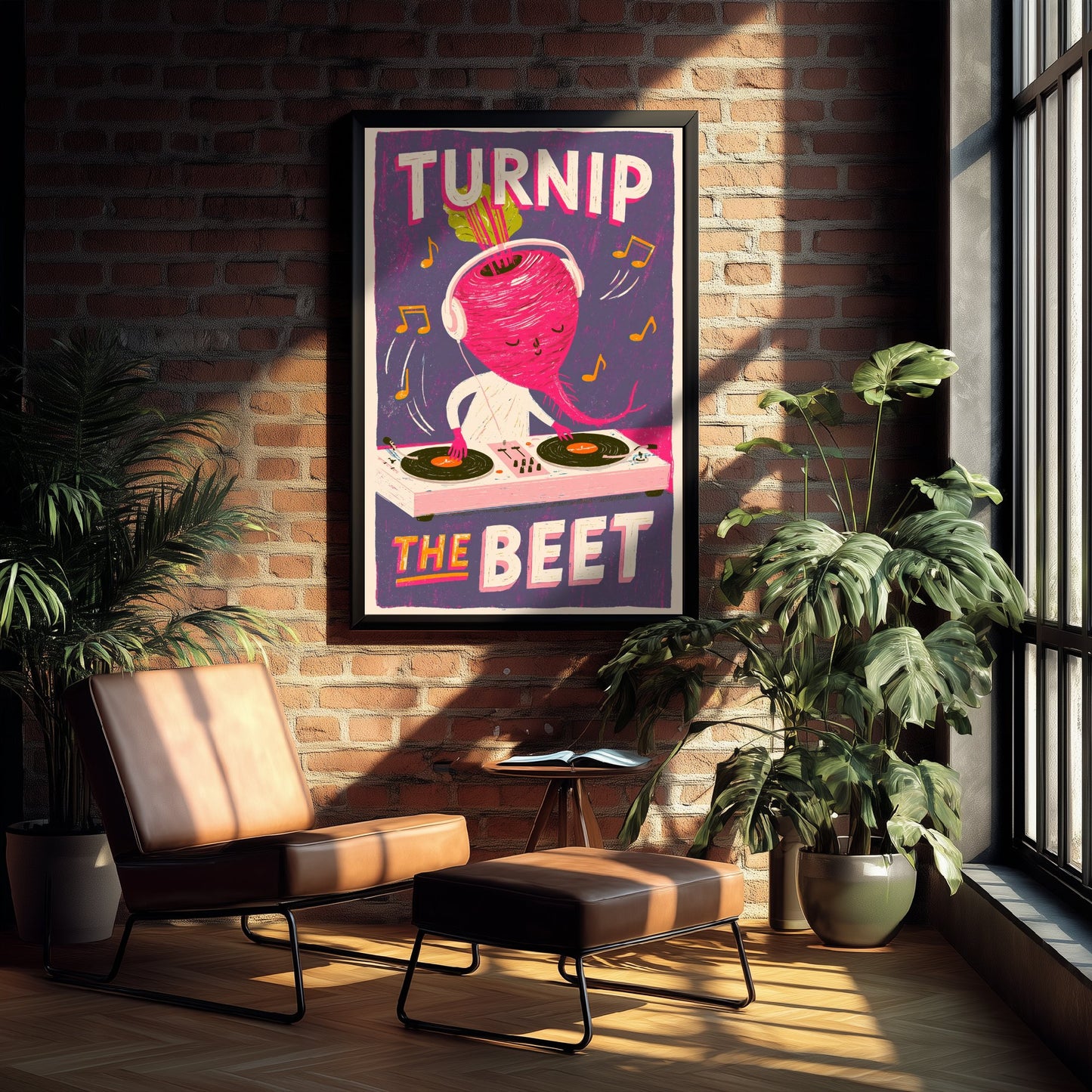 Turnip the Beet Art Print - Beet DJ Mixing Decks Poster - Screen Print Style Music Pun Illustration V3