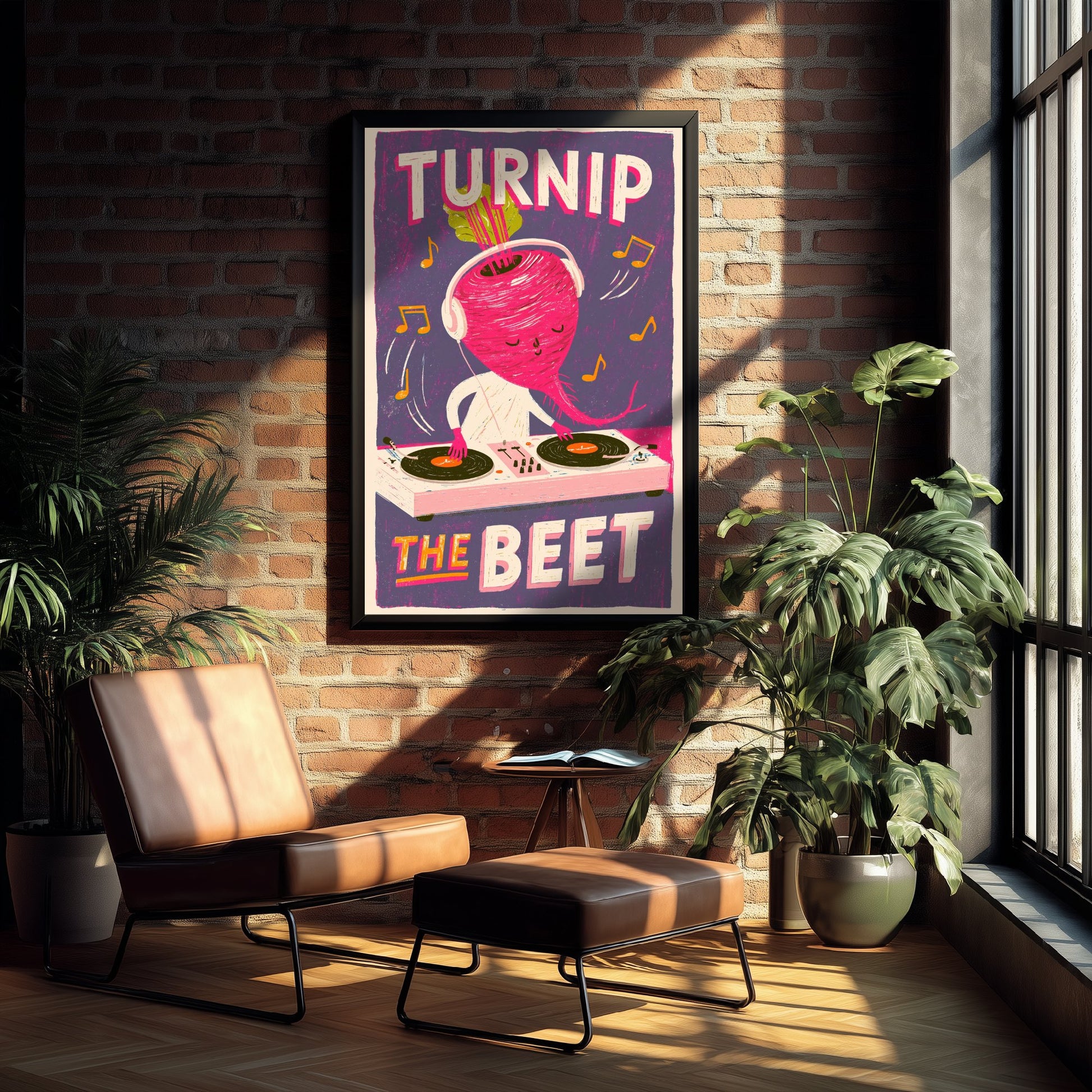 Turnip the Beet Art Print - Beet DJ Mixing Decks Poster - Screen Print Style Music Pun Illustration V3