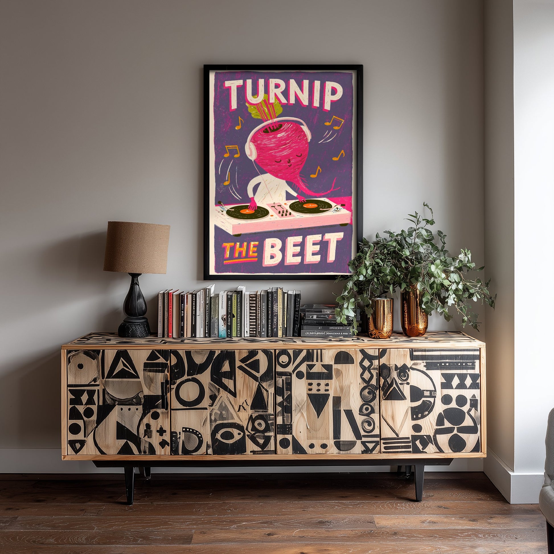 Turnip the Beet Art Print - Beet DJ Mixing Decks Poster - Screen Print Style Music Pun Illustration V3