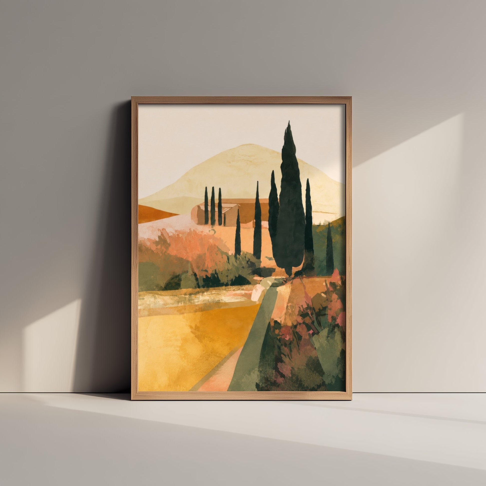 Tuscany Italy Travel Poster - Cypress Trees Art Print - Tuscan Landscape Illustration - Earthy Wall Art V1 1/3