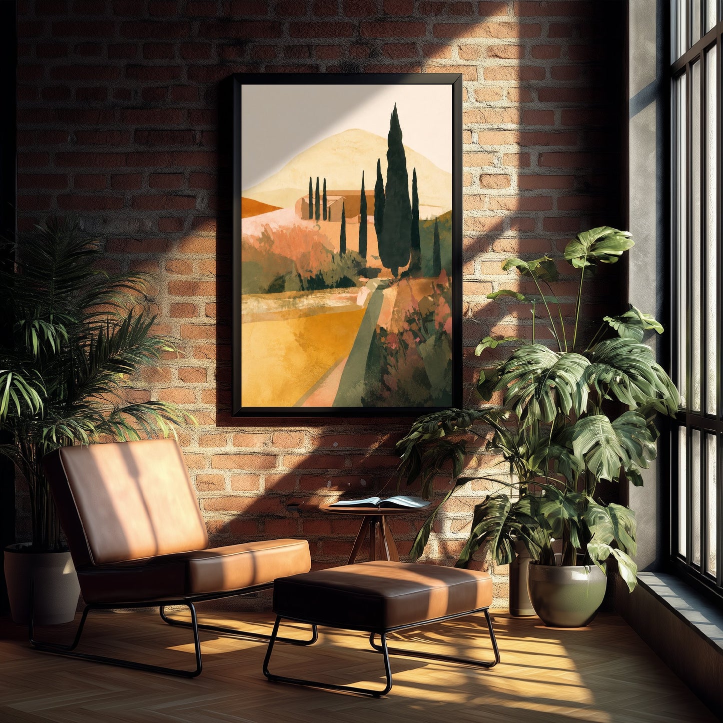 Tuscany Italy Travel Poster - Cypress Trees Art Print - Tuscan Landscape Illustration - Earthy Wall Art V1 1/3