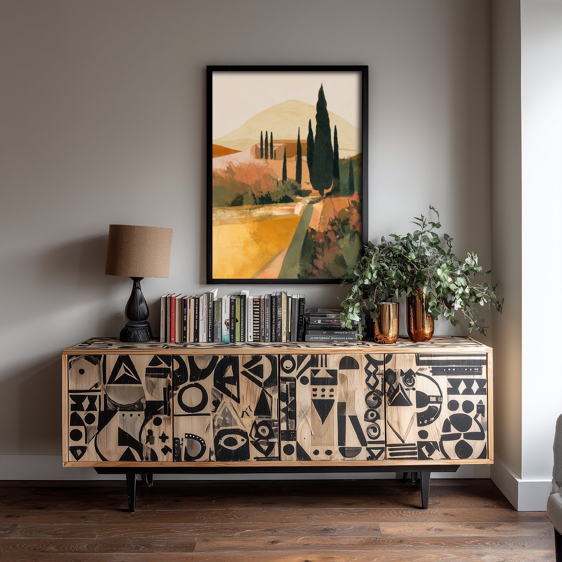 Tuscany Italy Travel Poster - Cypress Trees Art Print - Tuscan Landscape Illustration - Earthy Wall Art V1 1/3