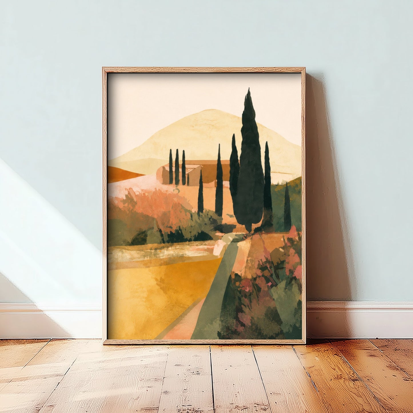 Tuscany Italy Travel Poster - Cypress Trees Art Print - Tuscan Landscape Illustration - Earthy Wall Art V1 1/3