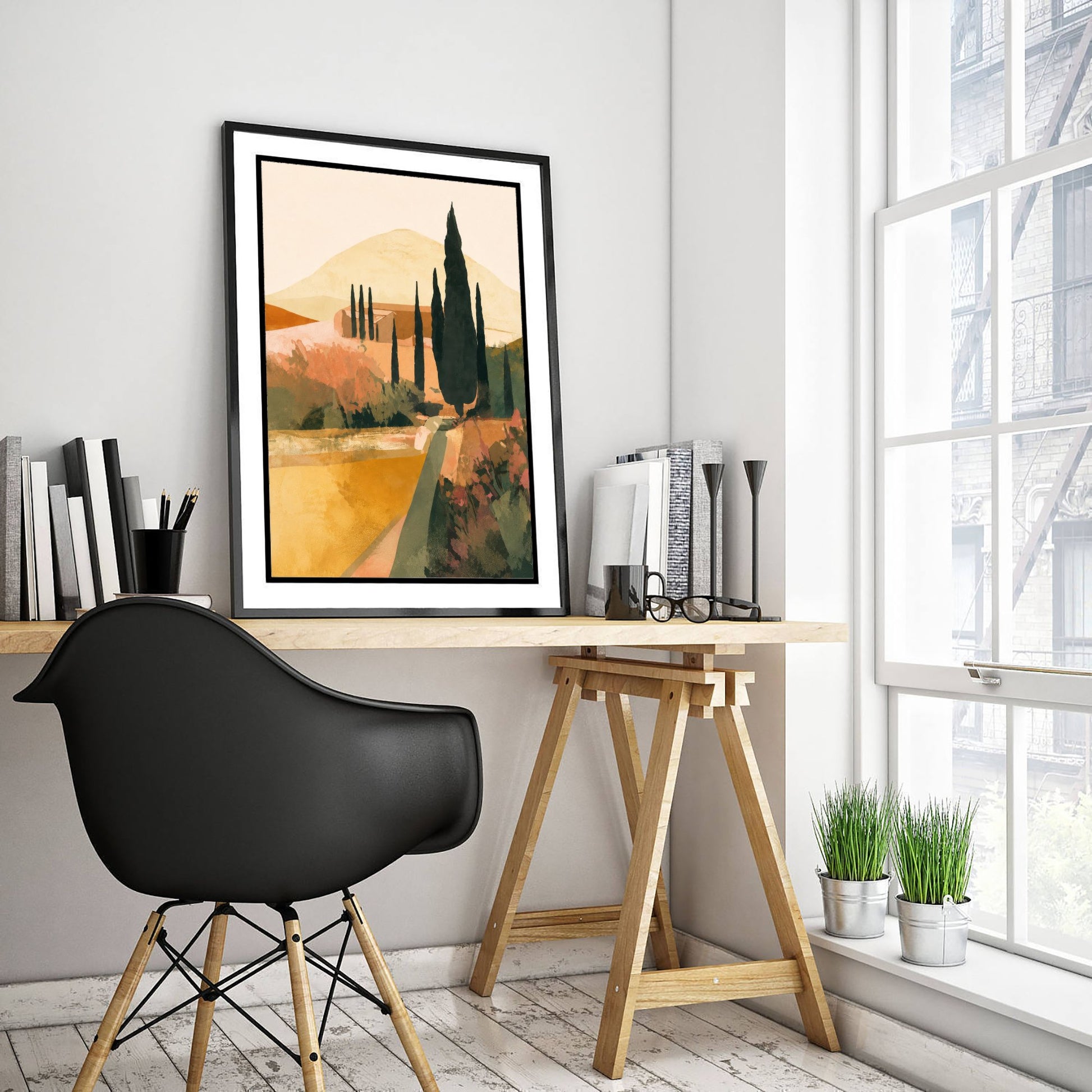Tuscany Italy Travel Poster - Cypress Trees Art Print - Tuscan Landscape Illustration - Earthy Wall Art V1 1/3