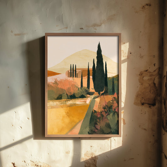 Tuscany Italy Travel Poster - Cypress Trees Art Print - Tuscan Landscape Illustration - Earthy Wall Art V1 1/3