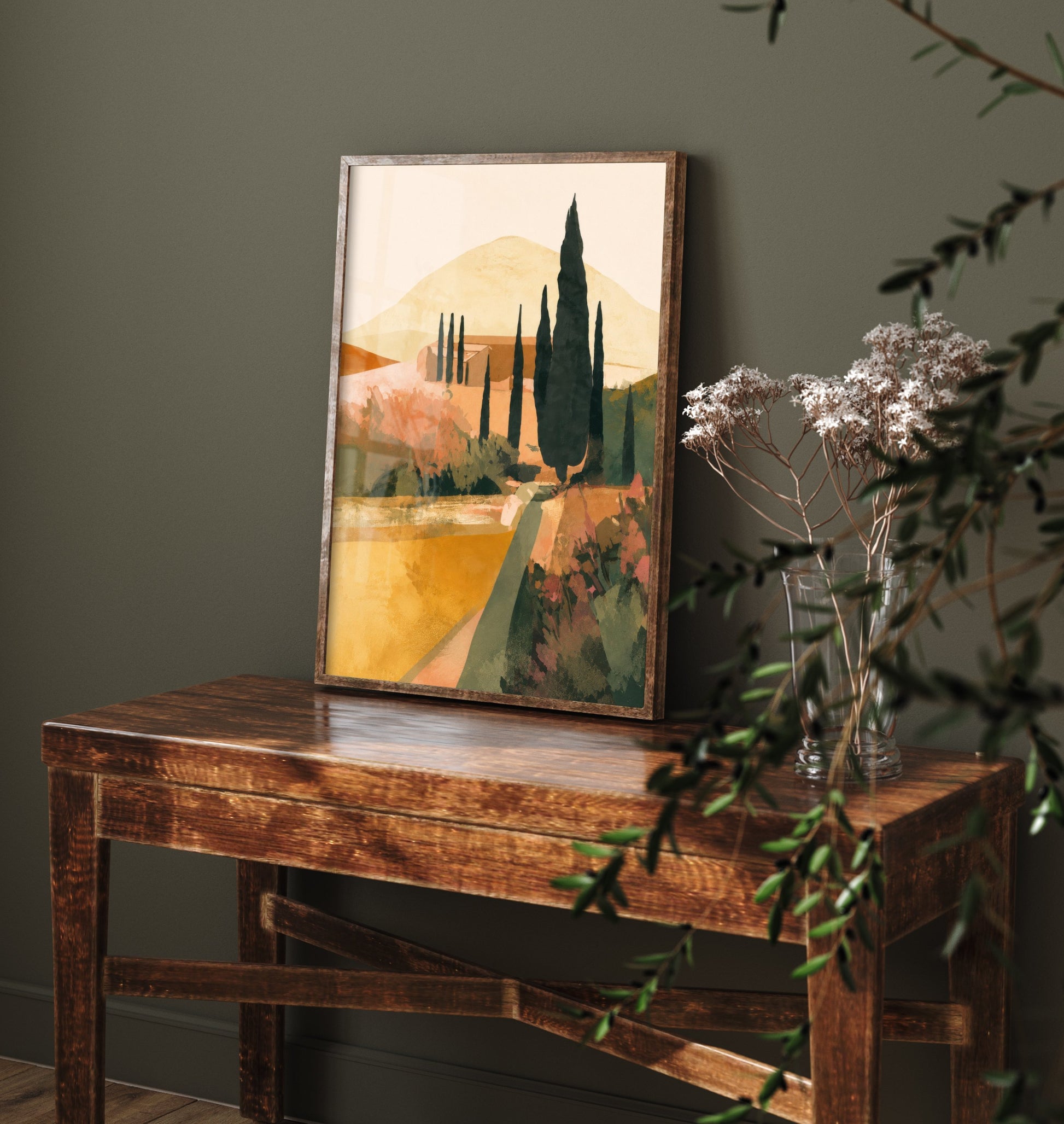 Tuscany Italy Travel Poster - Cypress Trees Art Print - Tuscan Landscape Illustration - Earthy Wall Art V1 1/3
