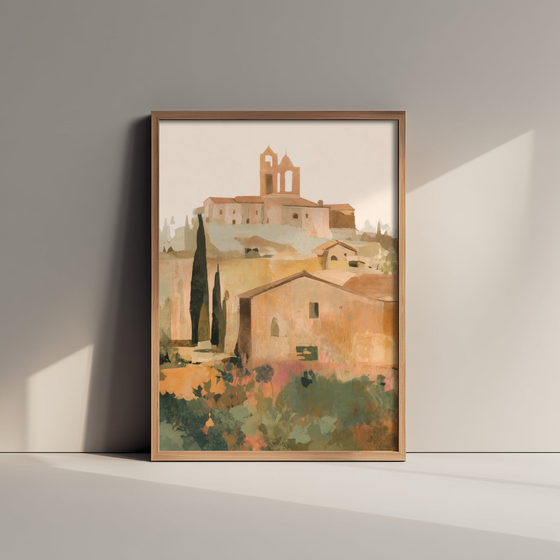 Tuscany Italy Travel Poster - Hilltop Village Art Print - Tuscan Town Illustration - Earthy Wall Art V1 3/3