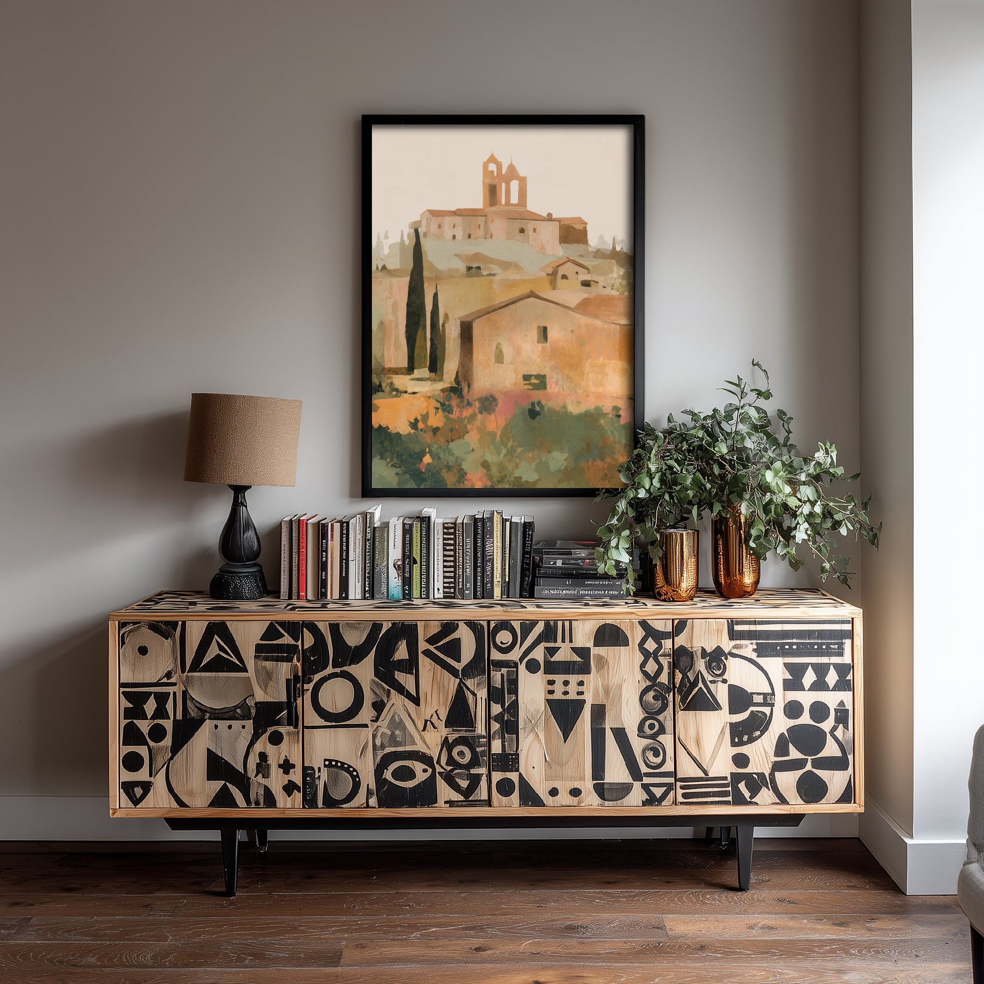 Tuscany Italy Travel Poster - Hilltop Village Art Print - Tuscan Town Illustration - Earthy Wall Art V1 3/3