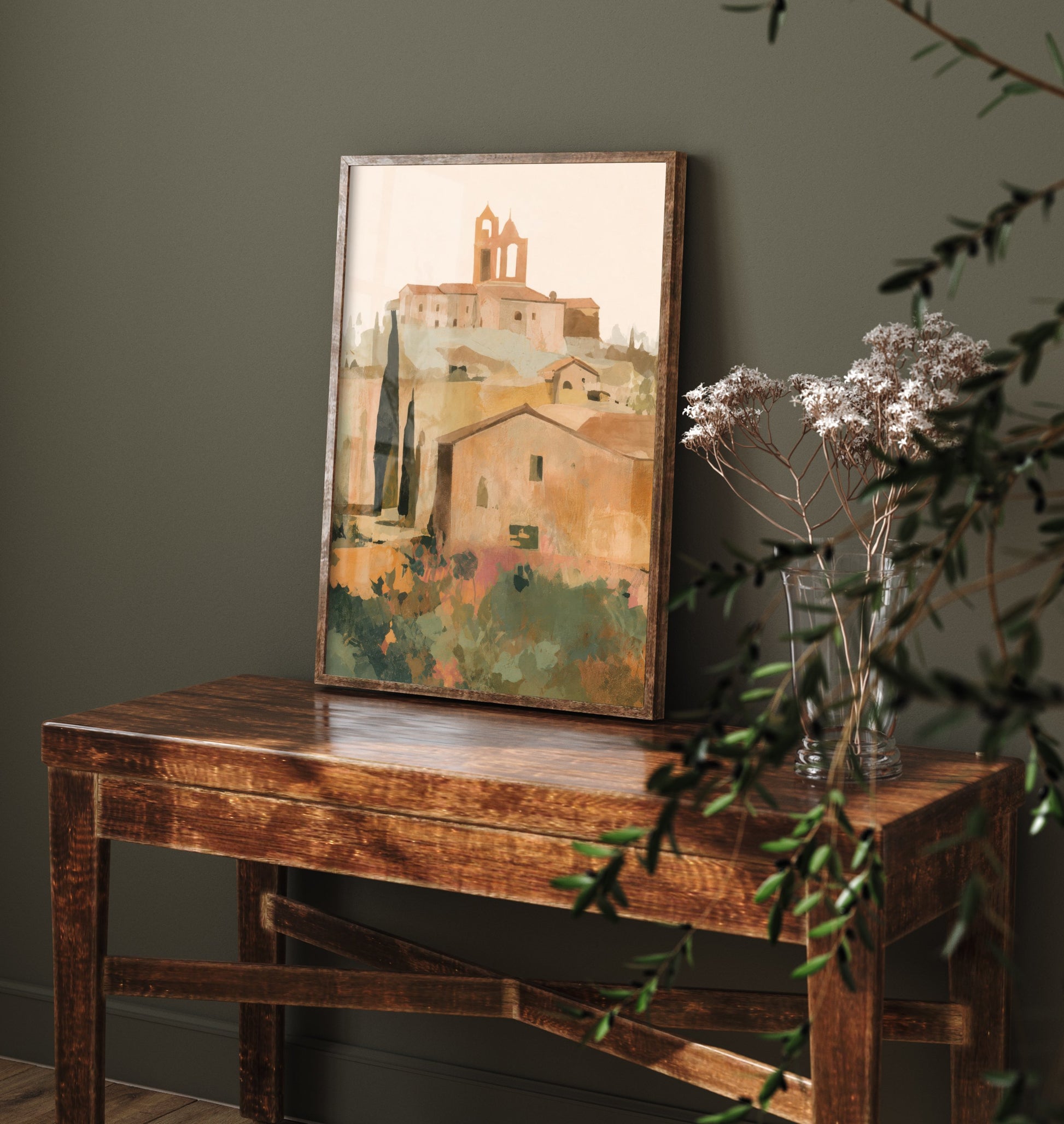 Tuscany Italy Travel Poster - Hilltop Village Art Print - Tuscan Town Illustration - Earthy Wall Art V1 3/3