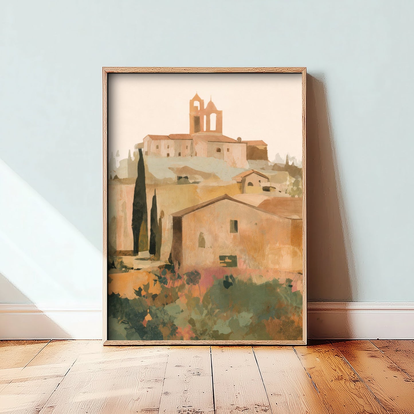 Tuscany Italy Travel Poster - Hilltop Village Art Print - Tuscan Town Illustration - Earthy Wall Art V1 3/3