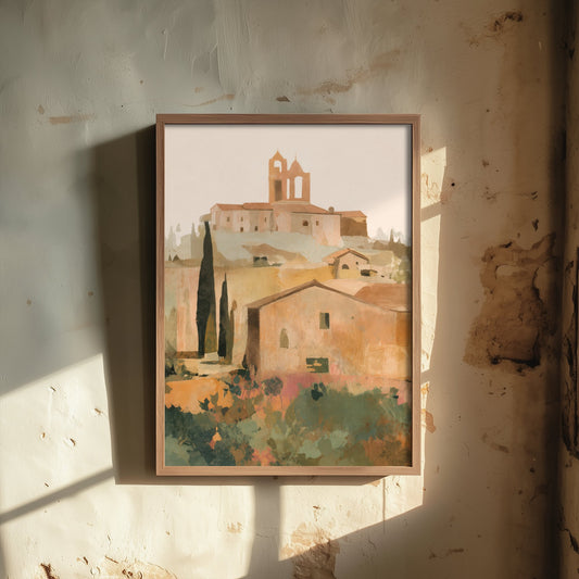 Tuscany Italy Travel Poster - Hilltop Village Art Print - Tuscan Town Illustration - Earthy Wall Art V1 3/3