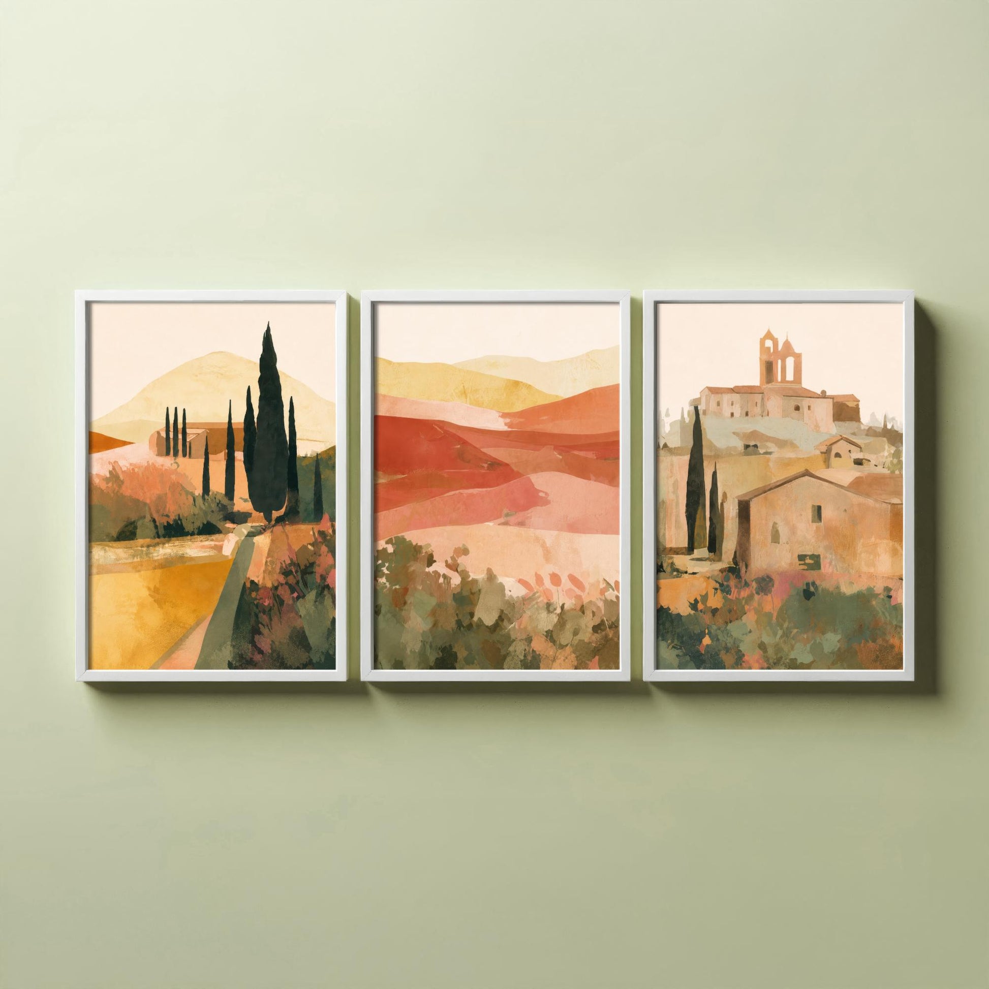 Tuscany Countryside Set of Three Art Prints - Italian Village & Cypress Hills - Boho Landscape Poster Painting Gift Decor V1
