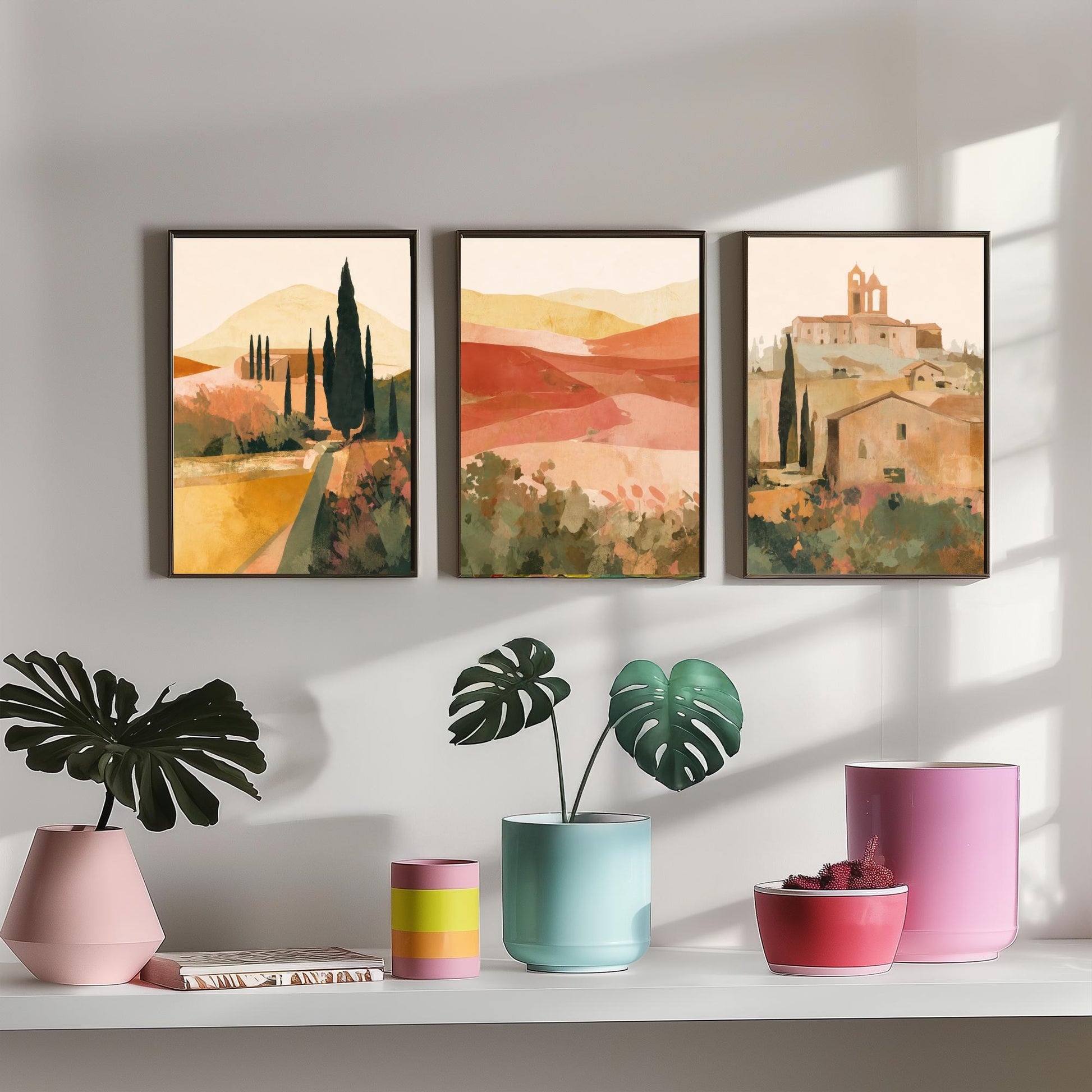 Tuscany Countryside Set of Three Art Prints - Italian Village & Cypress Hills - Boho Landscape Poster Painting Gift Decor V1
