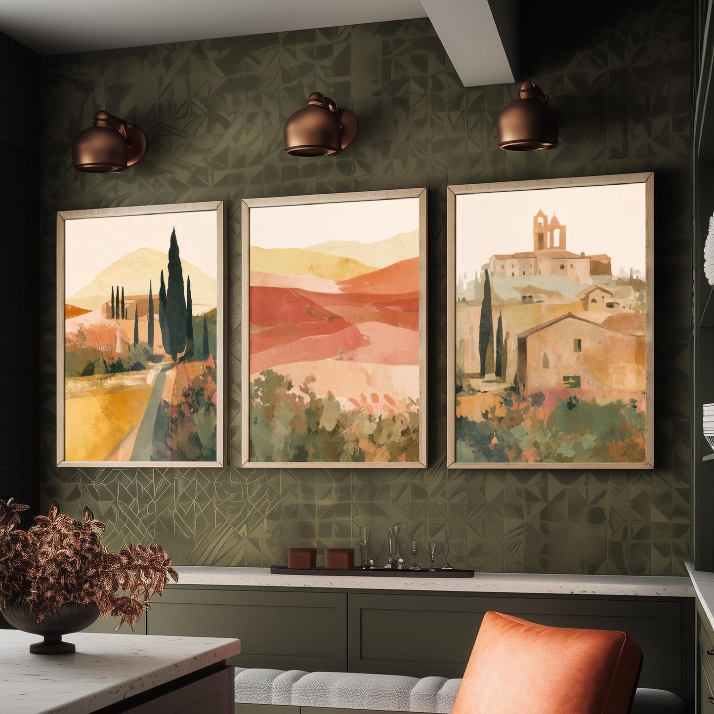 Tuscany Countryside Set of Three Art Prints - Italian Village & Cypress Hills - Boho Landscape Poster Painting Gift Decor V1