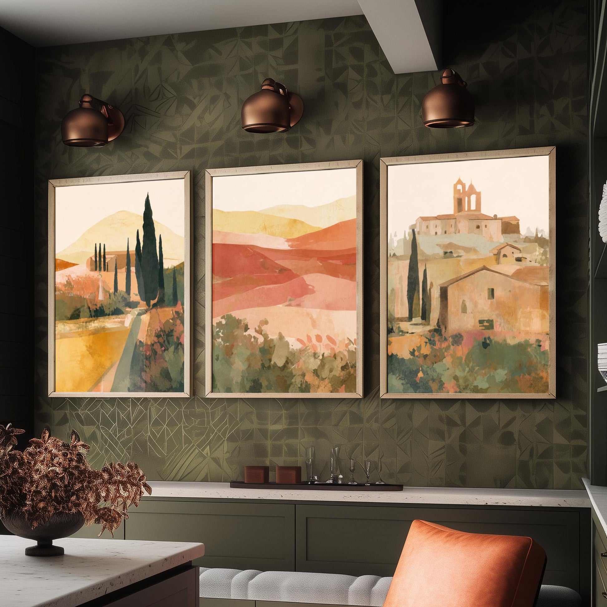 Tuscany Countryside Set of Three Art Prints - Italian Village & Cypress Hills - Boho Landscape Poster Painting Gift Decor V1