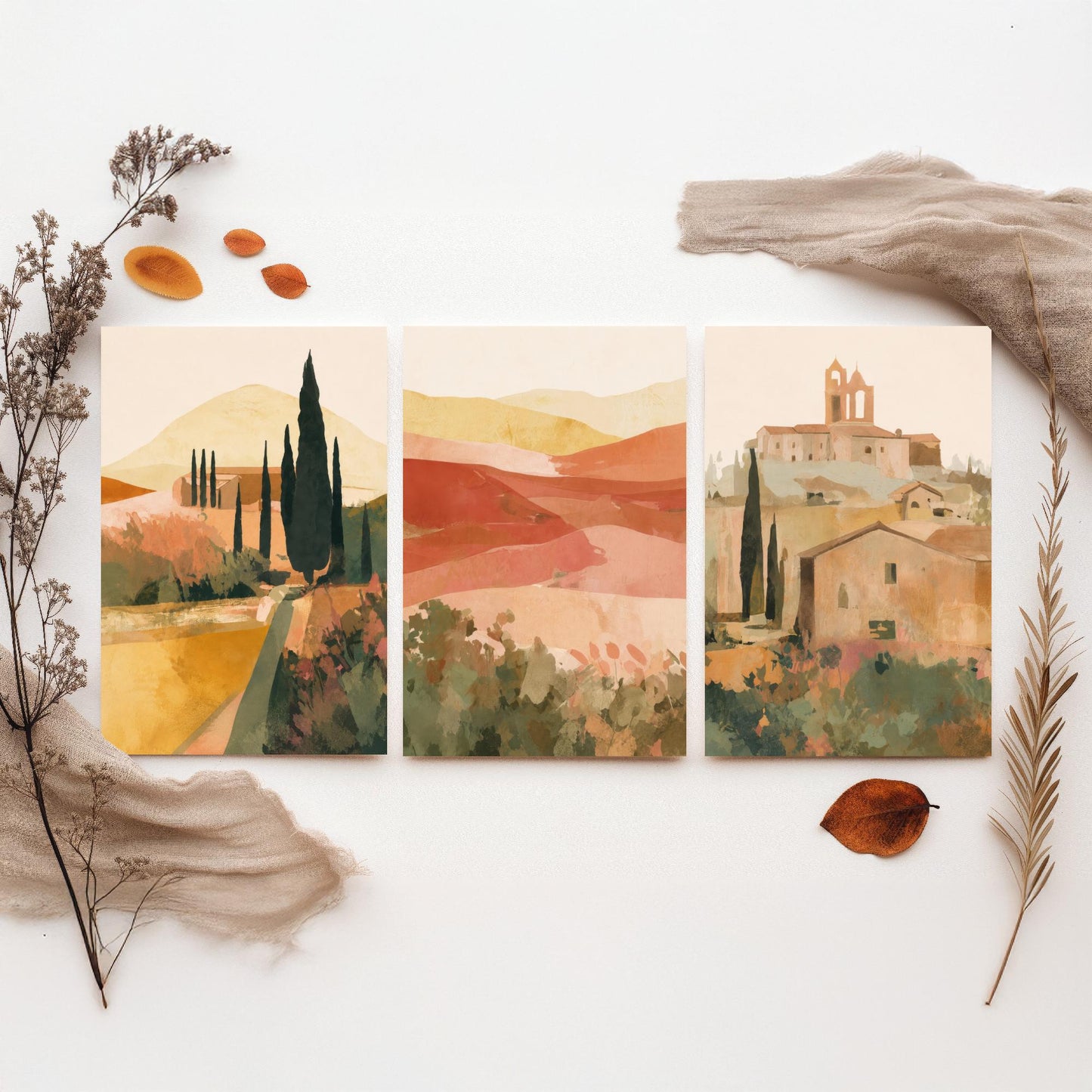 Tuscany Countryside Set of Three Art Prints - Italian Village & Cypress Hills - Boho Landscape Poster Painting Gift Decor V1
