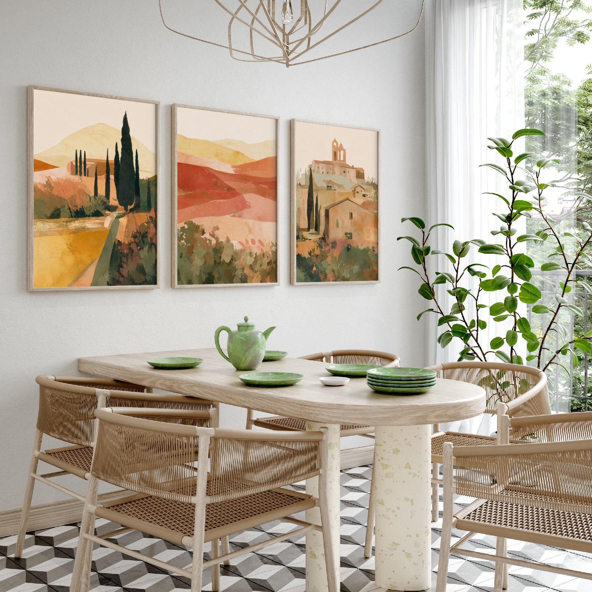 Tuscany Countryside Set of Three Art Prints - Italian Village & Cypress Hills - Boho Landscape Poster Painting Gift Decor V1