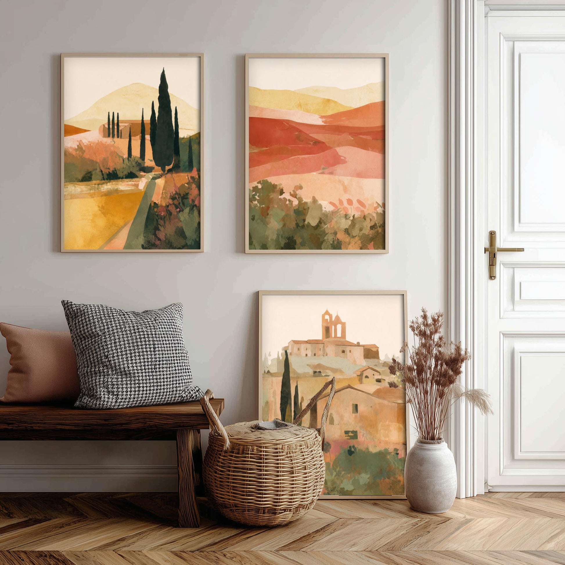Tuscany Countryside Set of Three Art Prints - Italian Village & Cypress Hills - Boho Landscape Poster Painting Gift Decor V1