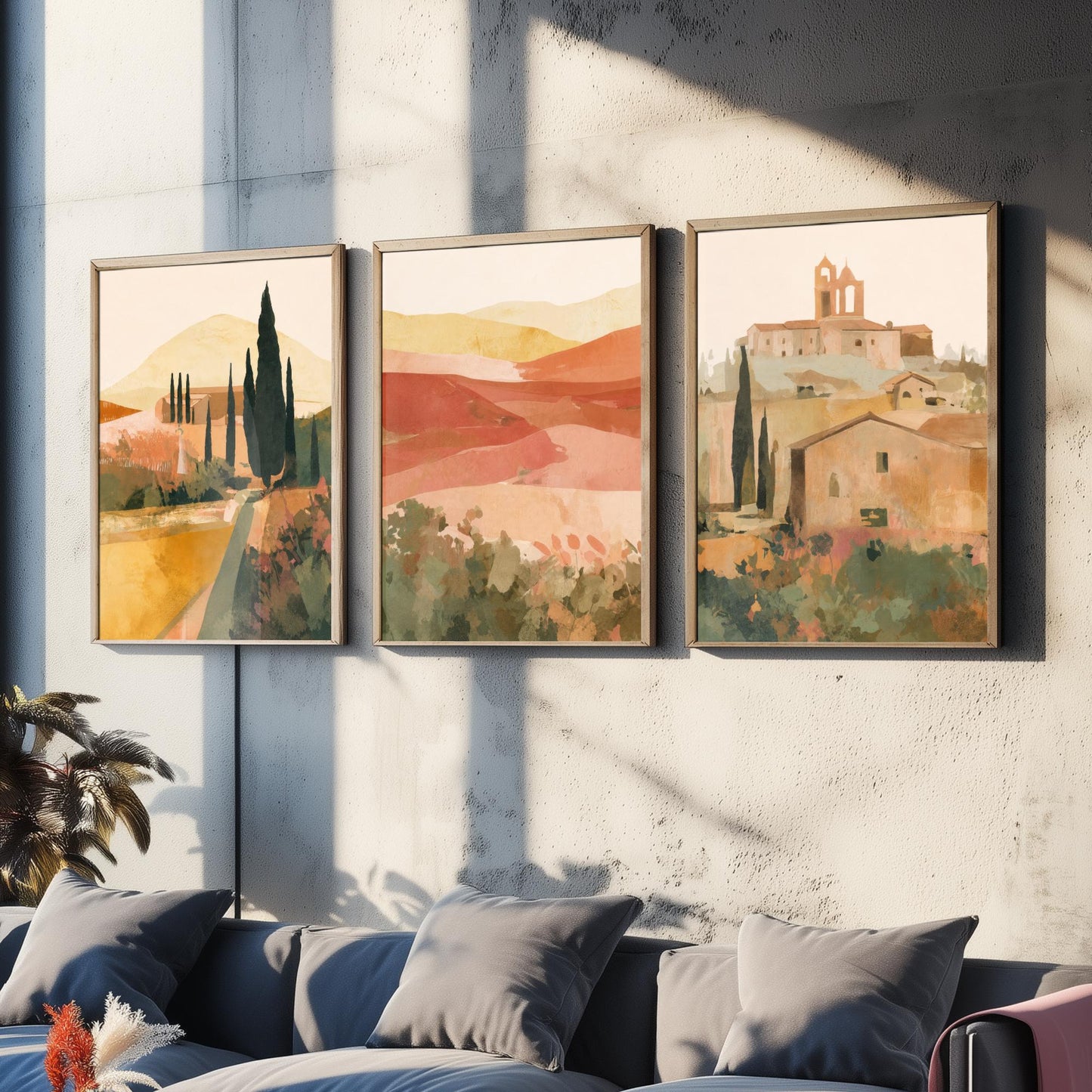 Tuscany Countryside Set of Three Art Prints - Italian Village & Cypress Hills - Boho Landscape Poster Painting Gift Decor V1