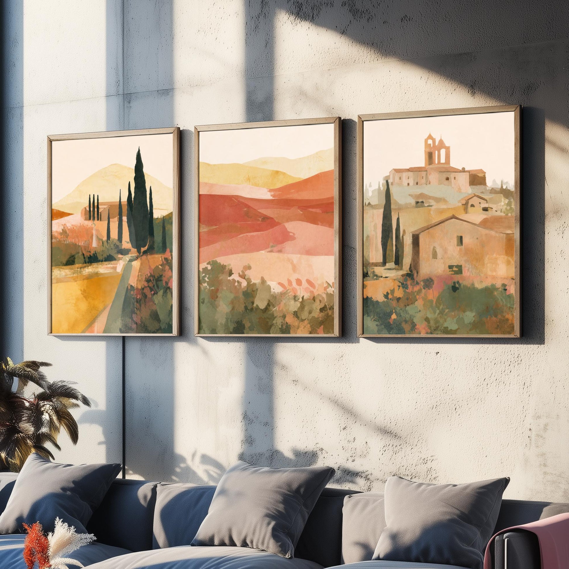 Tuscany Countryside Set of Three Art Prints - Italian Village & Cypress Hills - Boho Landscape Poster Painting Gift Decor V1