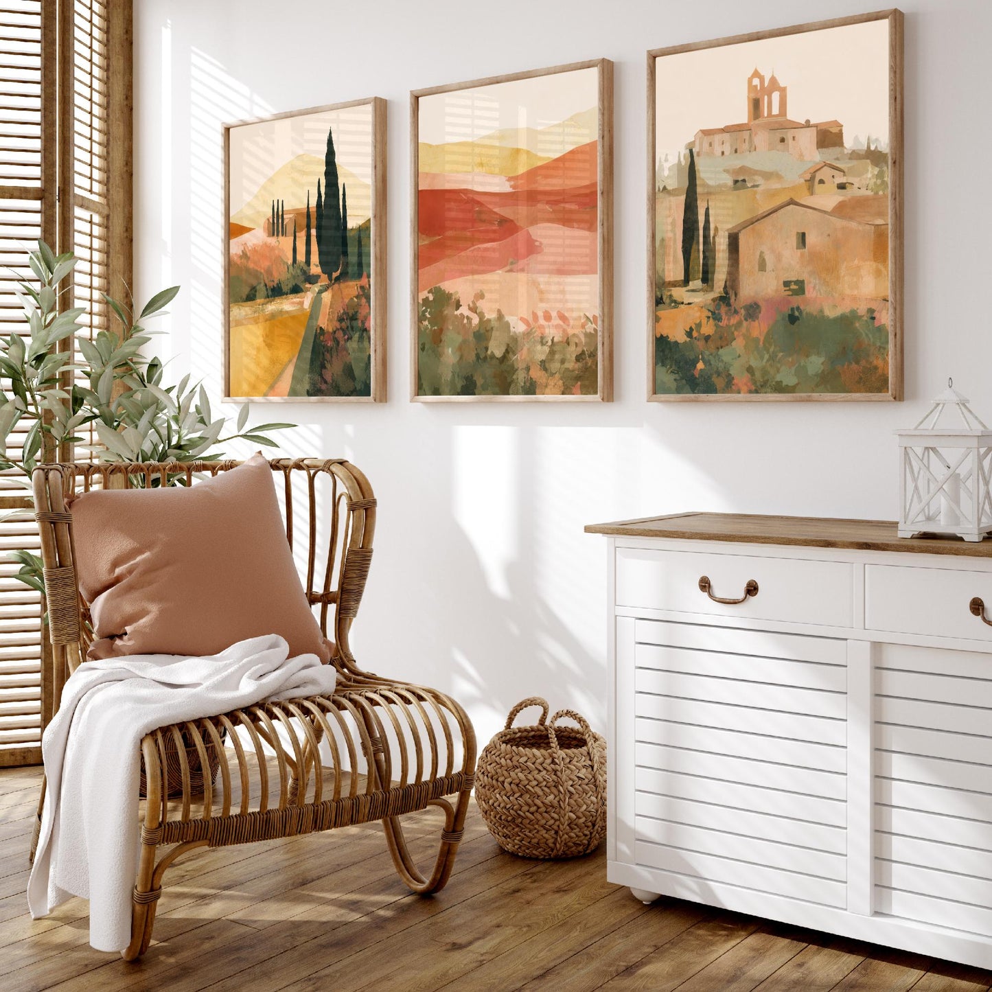 Tuscany Countryside Set of Three Art Prints - Italian Village & Cypress Hills - Boho Landscape Poster Painting Gift Decor V1