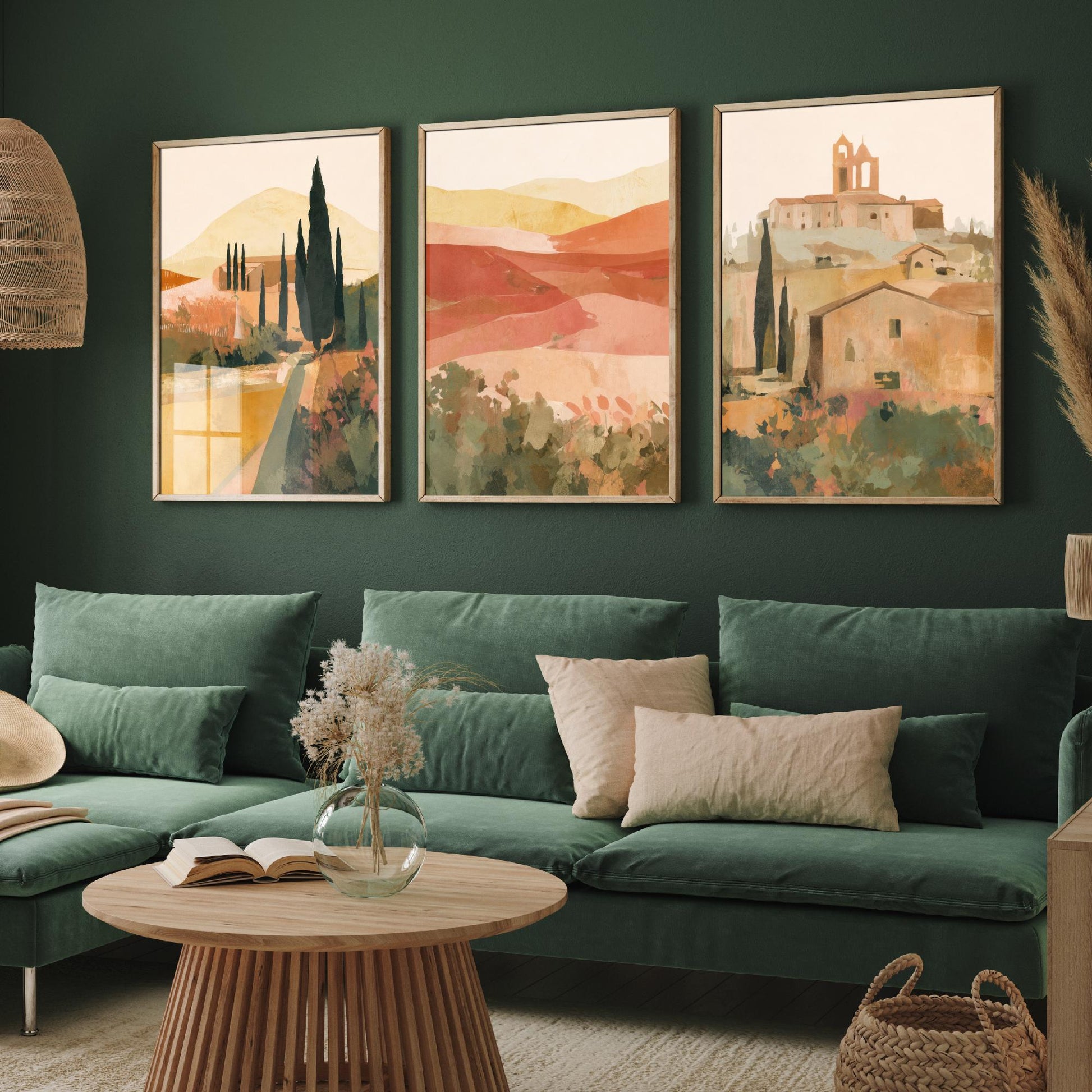 Tuscany Countryside Set of Three Art Prints - Italian Village & Cypress Hills - Boho Landscape Poster Painting Gift Decor V1