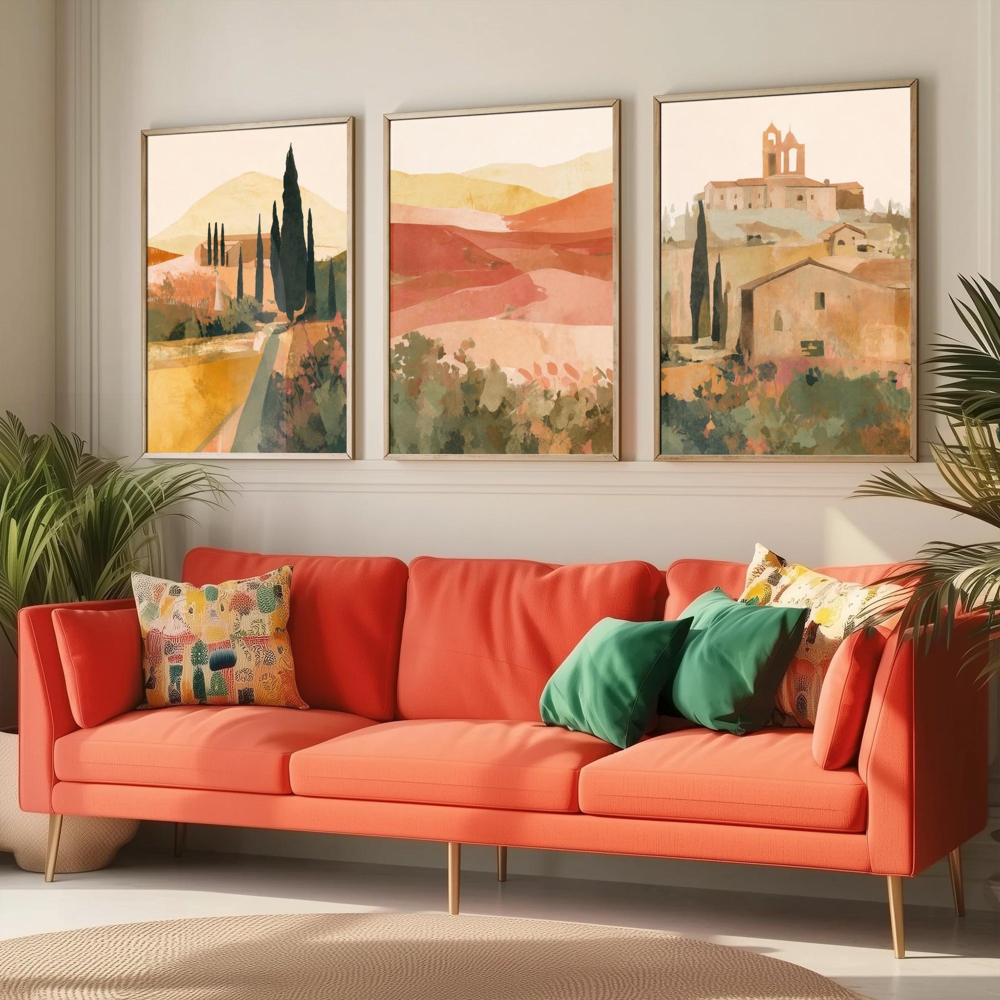 Tuscany Countryside Set of Three Art Prints - Italian Village & Cypress Hills - Boho Landscape Poster Painting Gift Decor V1