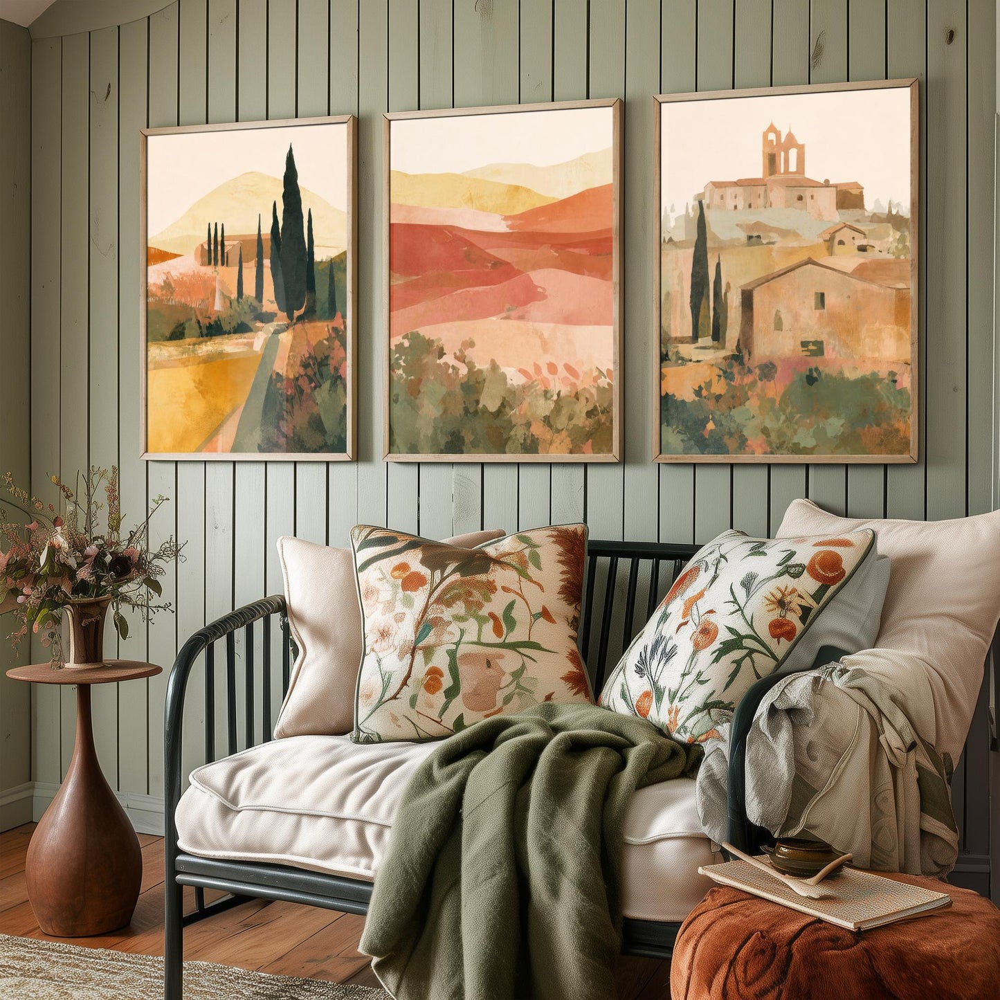 Tuscany Countryside Set of Three Art Prints - Italian Village & Cypress Hills - Boho Landscape Poster Painting Gift Decor V1