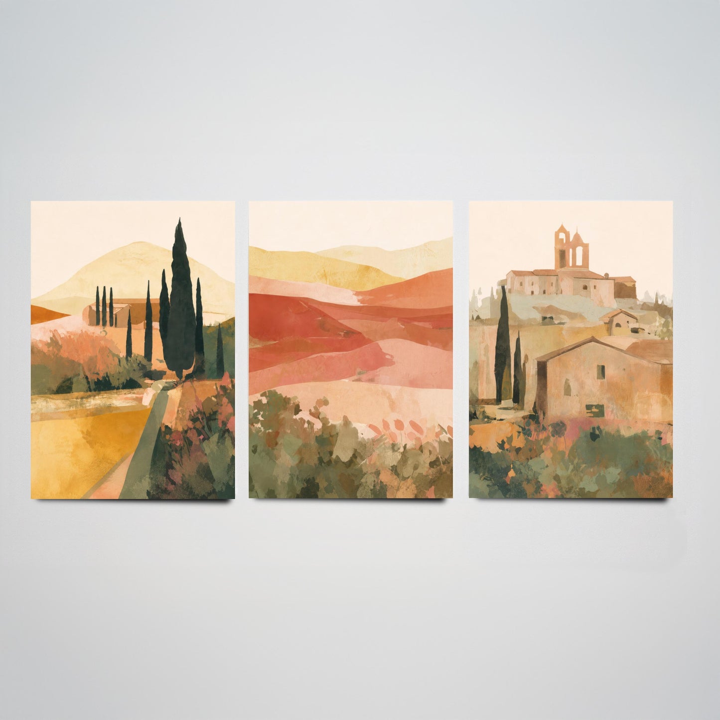 Tuscany Countryside Set of Three Art Prints - Italian Village & Cypress Hills - Boho Landscape Poster Painting Gift Decor V1