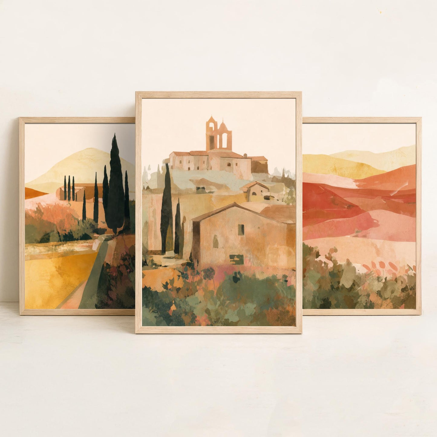 Tuscany Countryside Set of Three Art Prints - Italian Village & Cypress Hills - Boho Landscape Poster Painting Gift Decor V1
