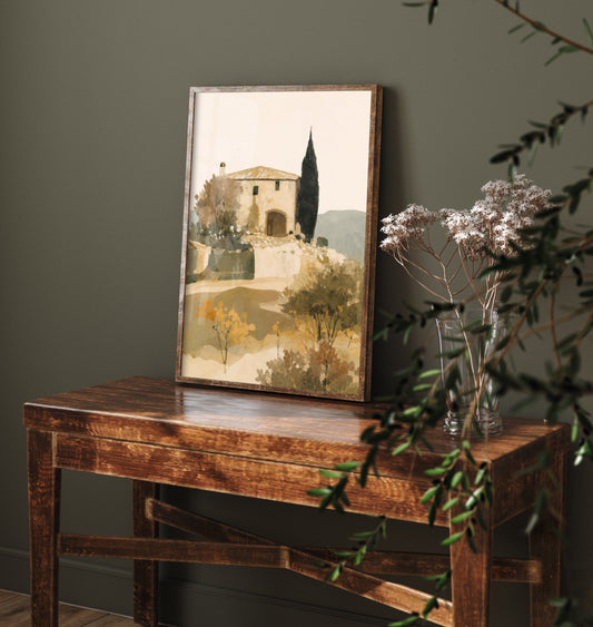 Tuscany Italy Travel Poster - Farmhouse Art Print - Tuscan Villa Landscape Illustration - Earthy Wall Art V2 3/3