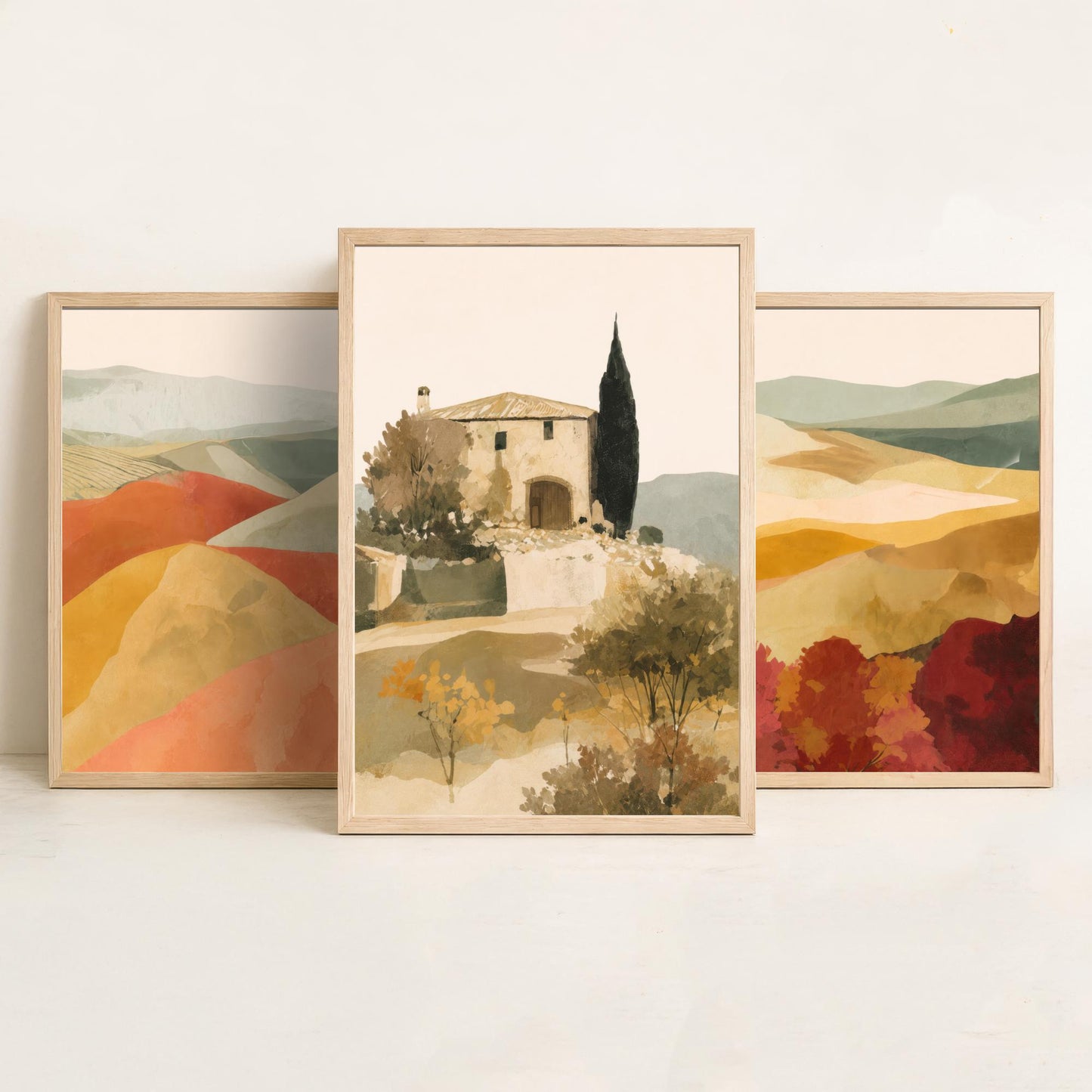 Set of Three Tuscany Landscape Art Prints - Rolling Hills & Italian Villa - Boho Mediterranean Poster Painting Gift Decor V2