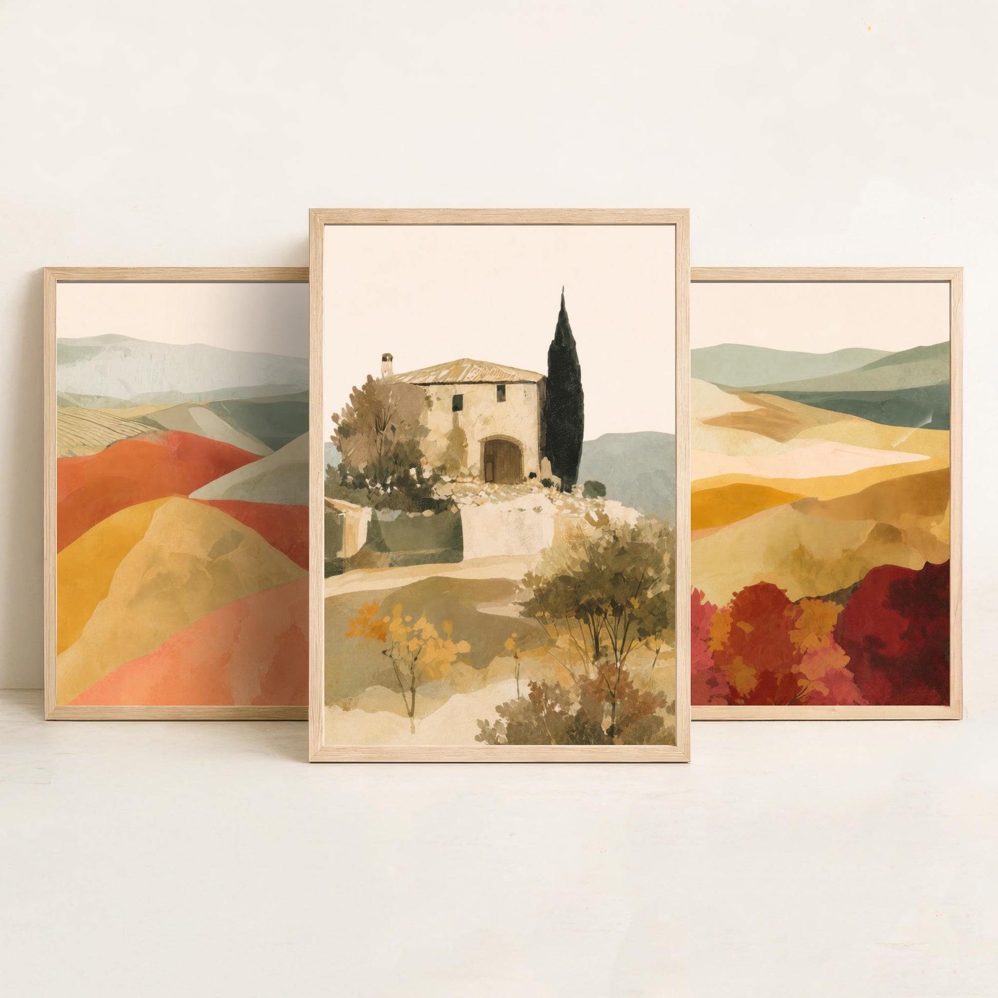 Set of Three Tuscany Landscape Art Prints - Rolling Hills & Italian Villa - Boho Mediterranean Poster Painting Gift Decor V2