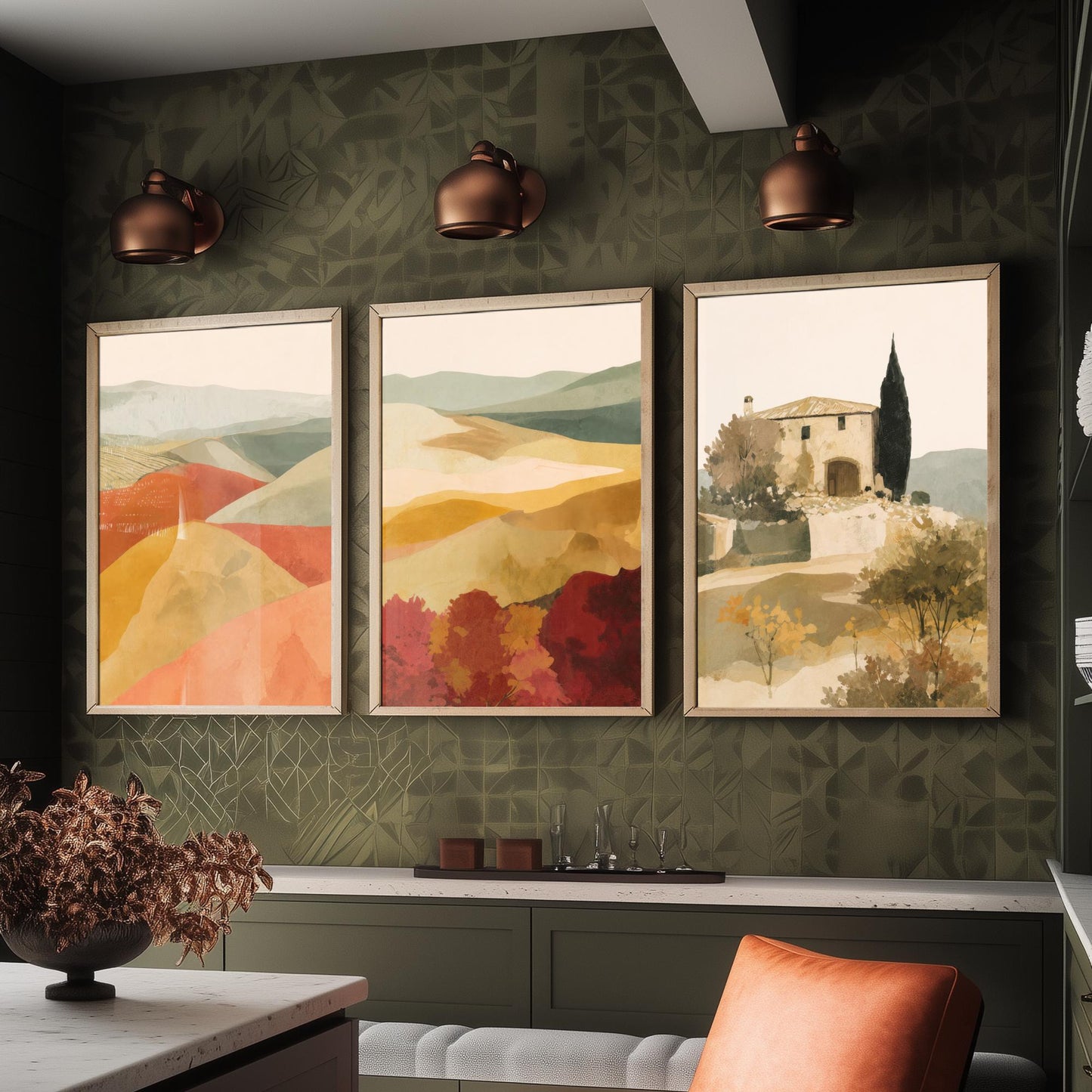 Set of Three Tuscany Landscape Art Prints - Rolling Hills & Italian Villa - Boho Mediterranean Poster Painting Gift Decor V2